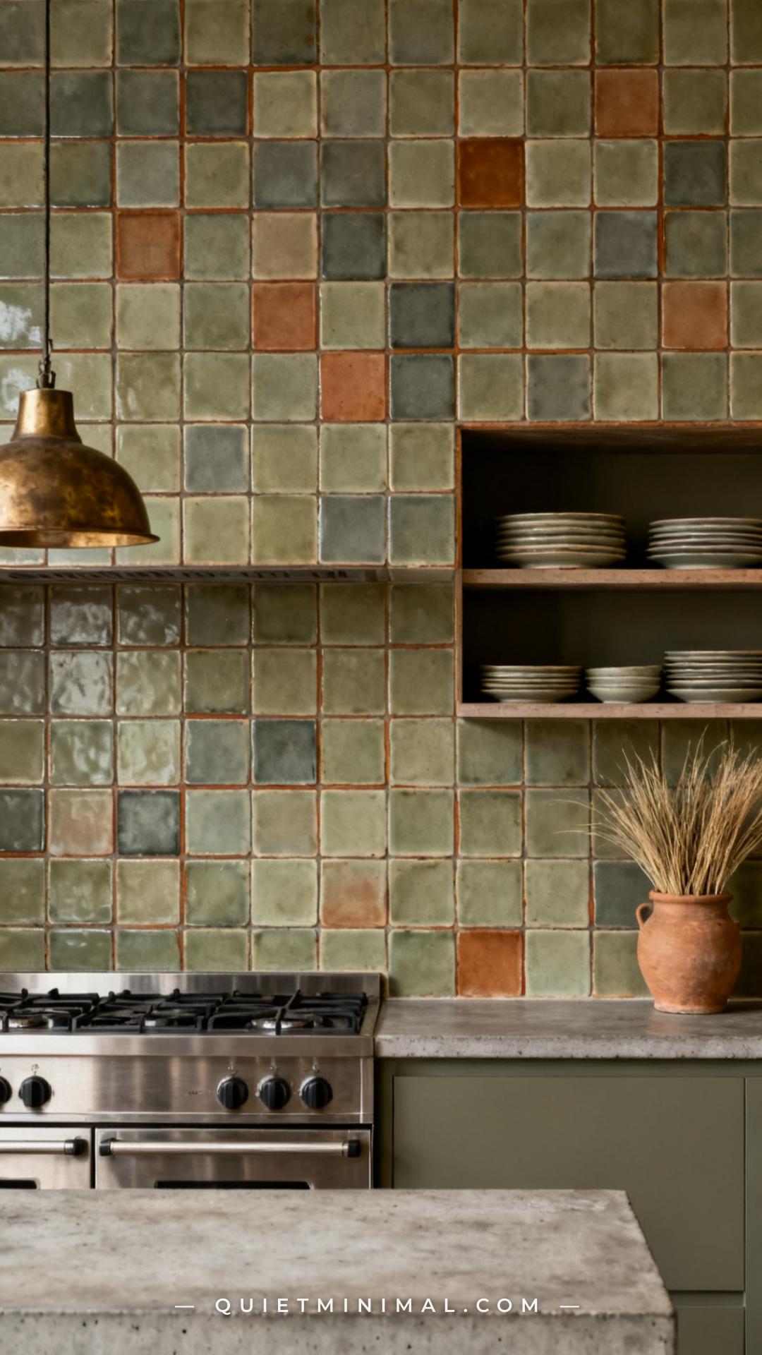 A wide establishing shot of a kitchen wall tiled entirely in slip-cast stoneware tiles in a muted olive clay color — eac