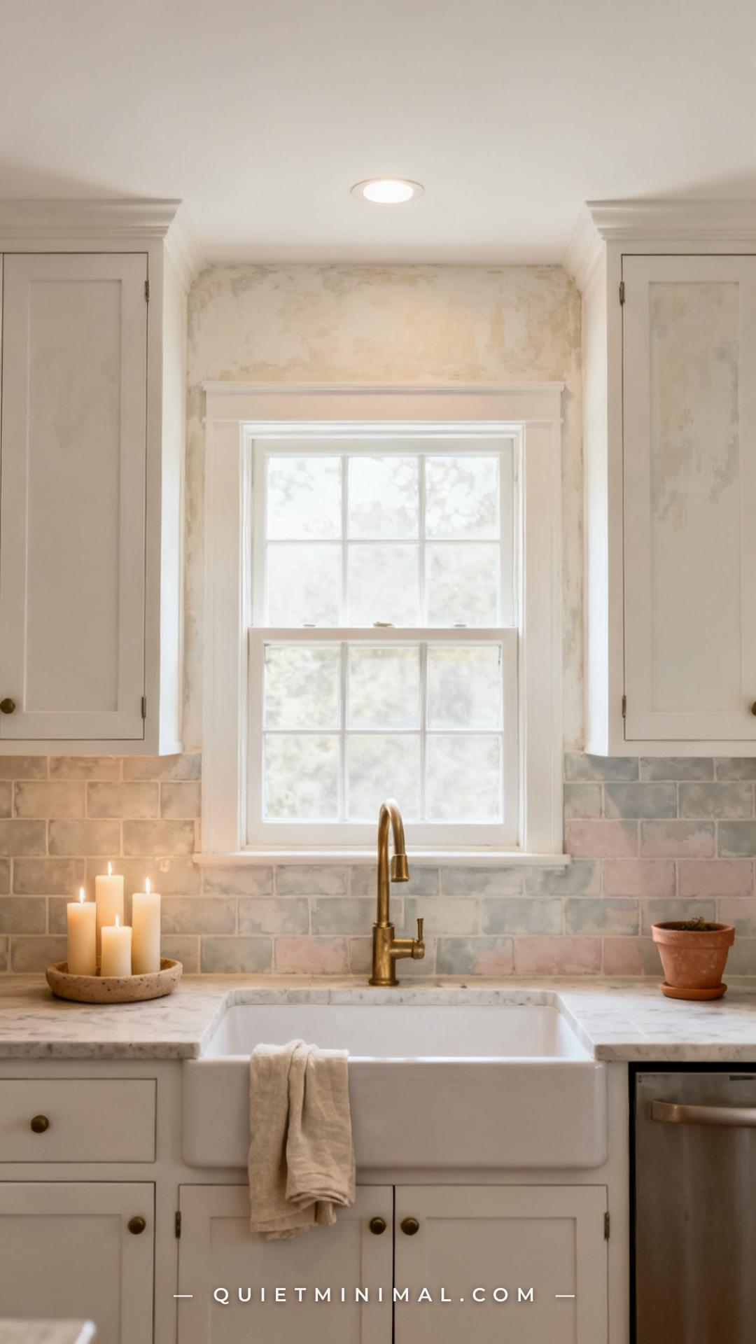 A vertical wide-angle photograph captures a kitchen backsplash and partial side wall covered in limewash-finish tile in