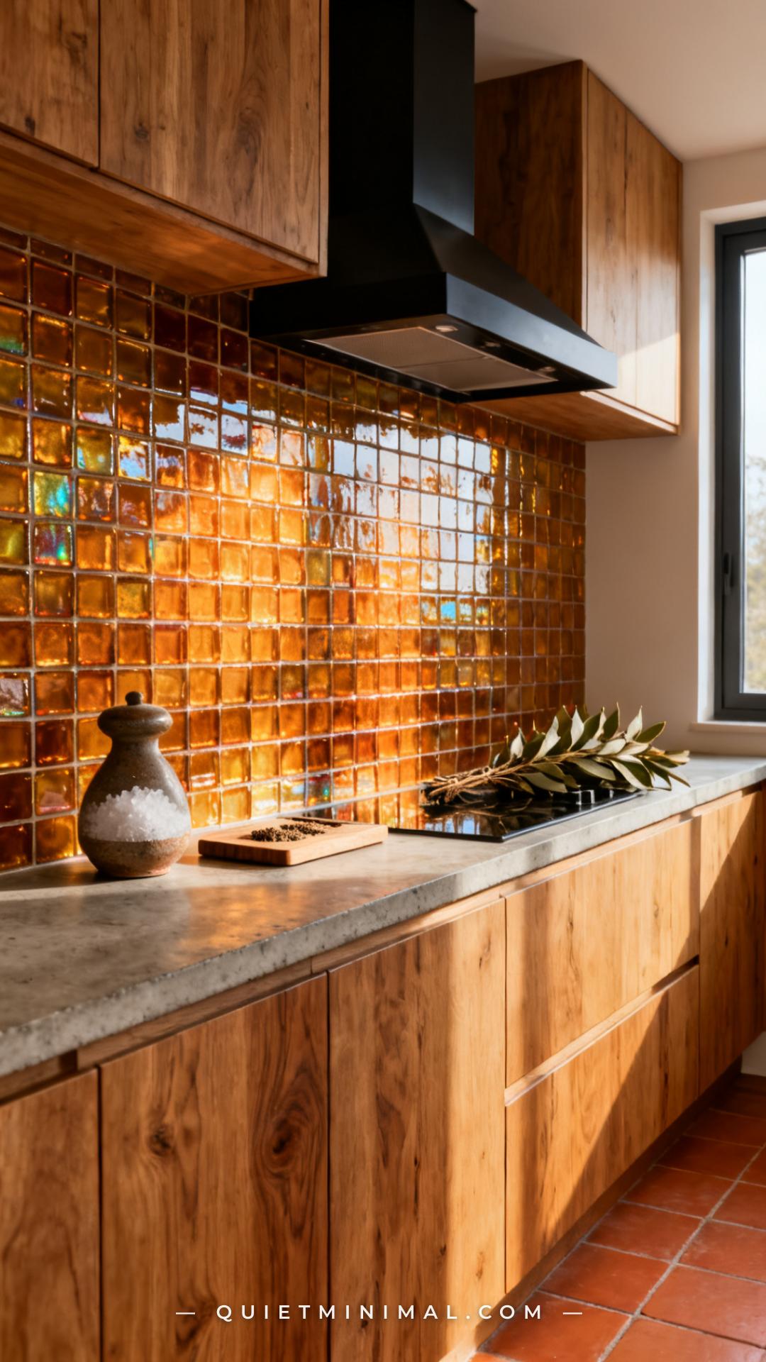 A wide-angle vertical photograph establishes a kitchen backsplash zone behind a cooktop