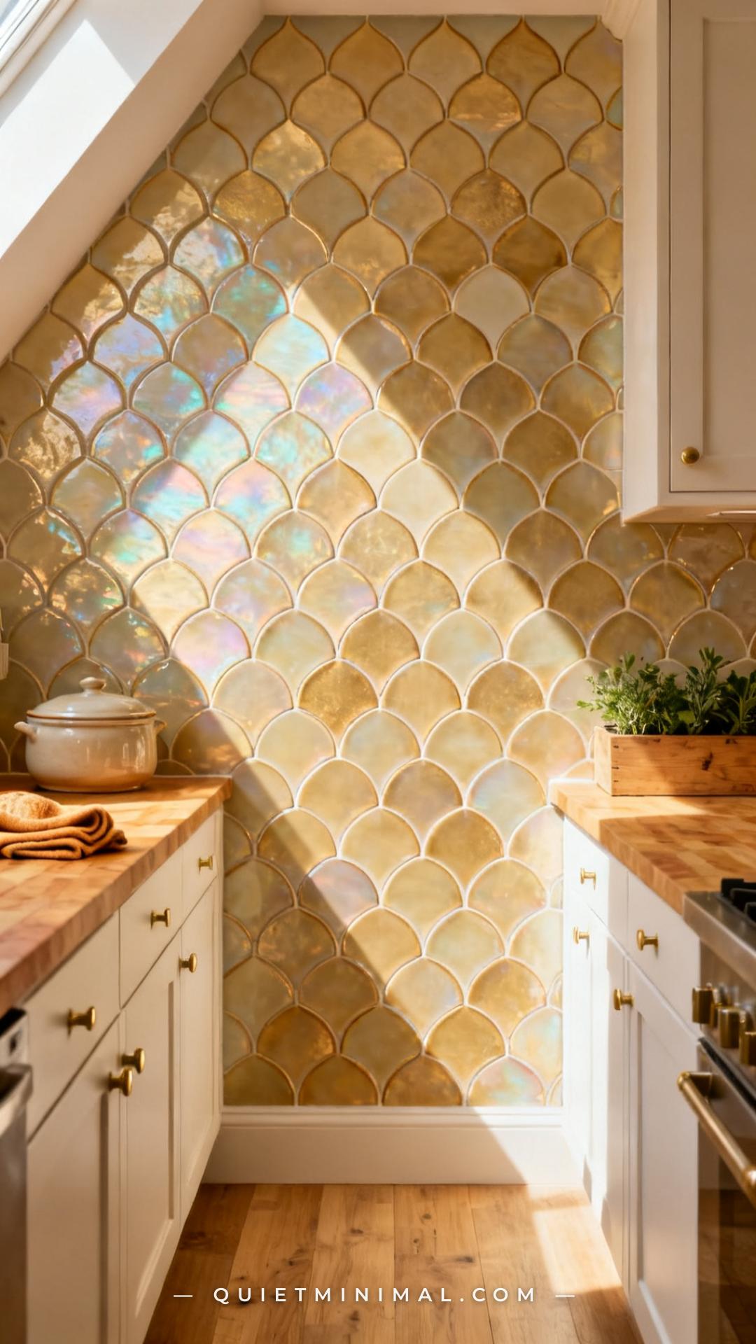 A wide vertical photograph establishes a kitchen backsplash in an arabesque (lantern) cut iridescent ceramic tile patter