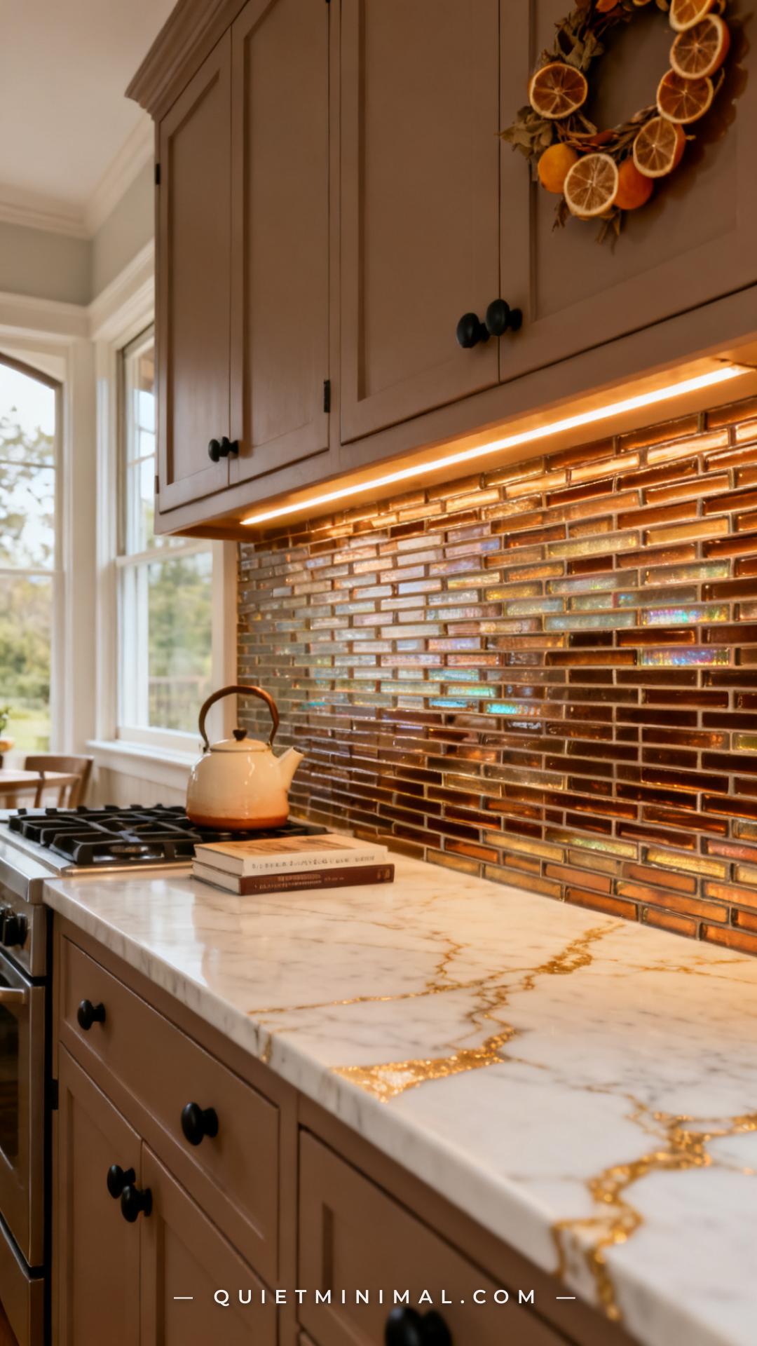 A wide vertical photograph shows a kitchen backsplash in a narrow pencil tile format — thin 1x6 or 1x8 iridescent glass