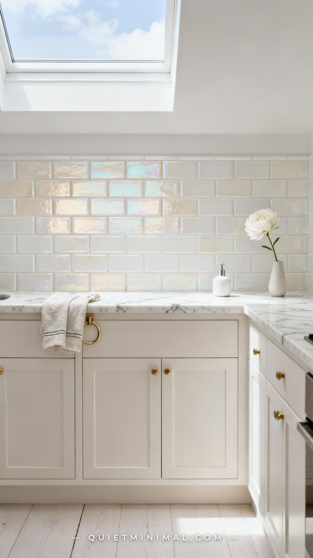 A wide vertical photograph captures a tone-on-tone all-white kitchen with an iridescent white ceramic subway backsplash