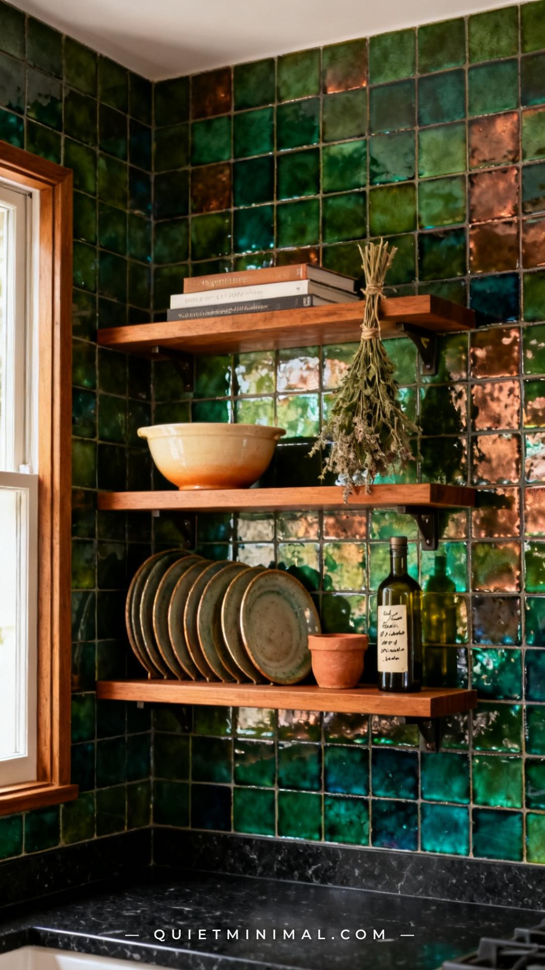 A wide vertical photograph establishes a kitchen open shelving zone — two floating shelves in warm oak mounted on bracke