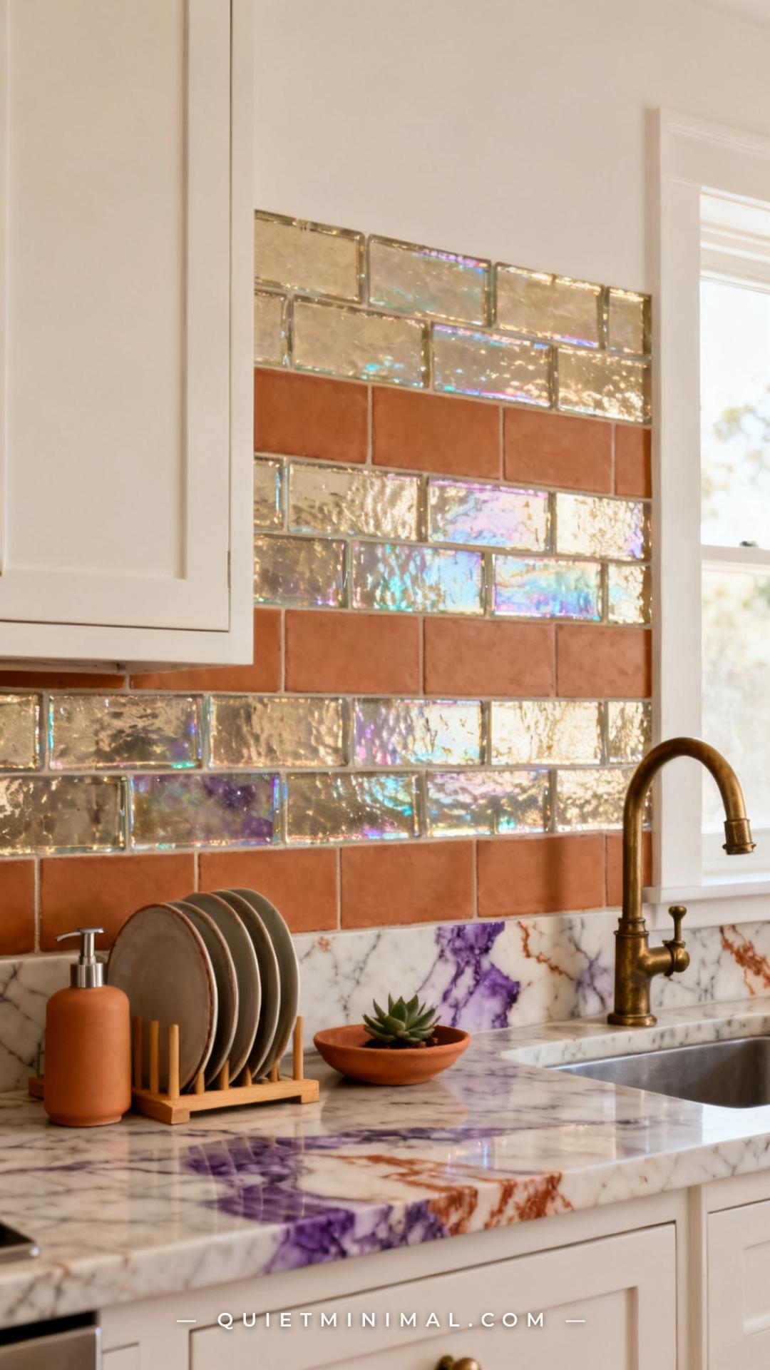 A wide vertical photograph shows a kitchen backsplash installed in a banded pattern — alternating horizontal courses of