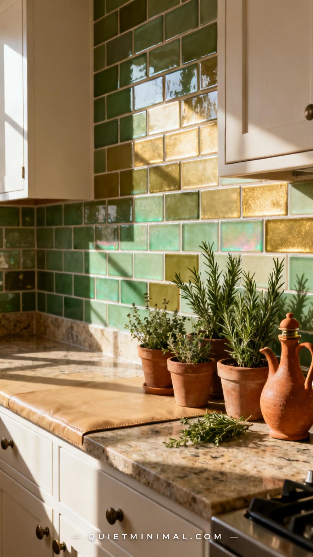 A medium-wide vertical photograph shows a kitchen backsplash area installed in classic 3×6 subway format