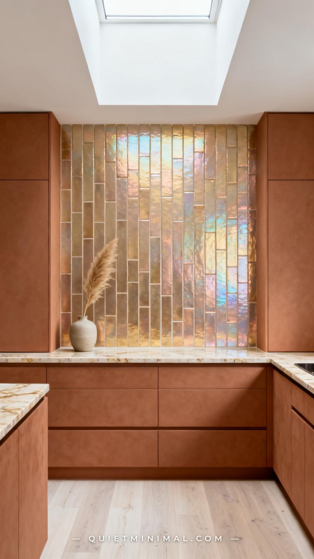 A wide vertical photograph establishes a kitchen backsplash installed in a vertical stack bond pattern — tiles oriented