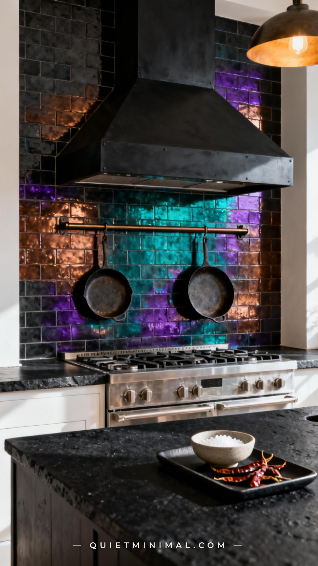 A wide establishing vertical shot of a kitchen cooktop wall