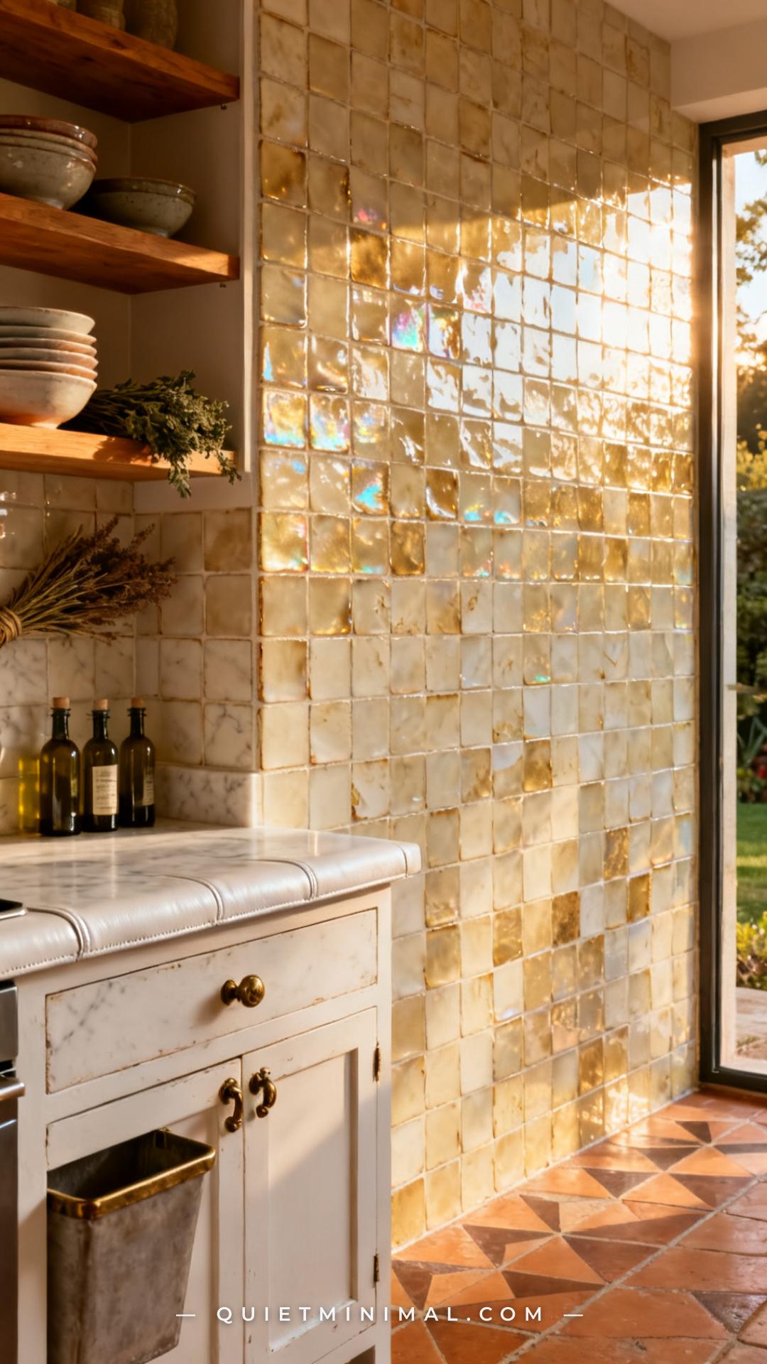 A medium-wide vertical photograph shows a kitchen backsplash made from handmade zellige-style iridescent ceramic tiles i