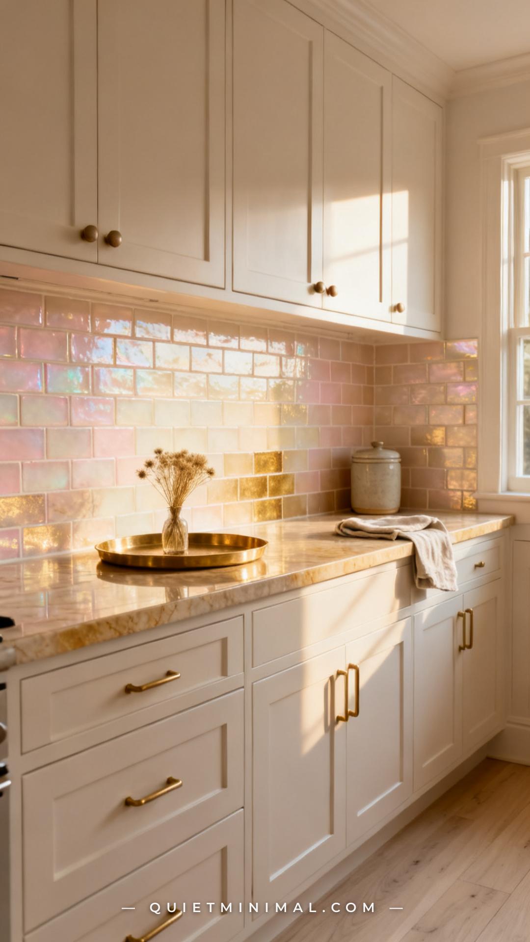 A wide vertical photograph captures a full kitchen backsplash zone in soft blush-to-champagne iridescent ceramic tile