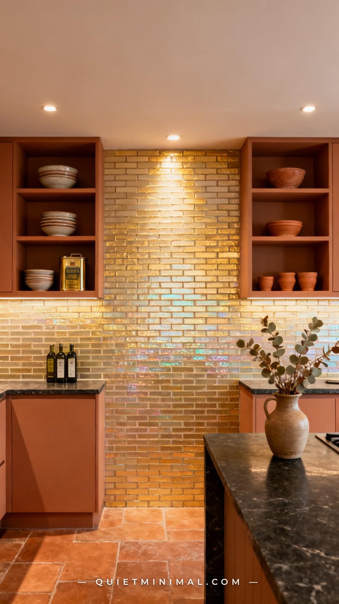 A wide-angle vertical photograph establishes a dramatic full-height kitchen backsplash — iridescent tile running from th