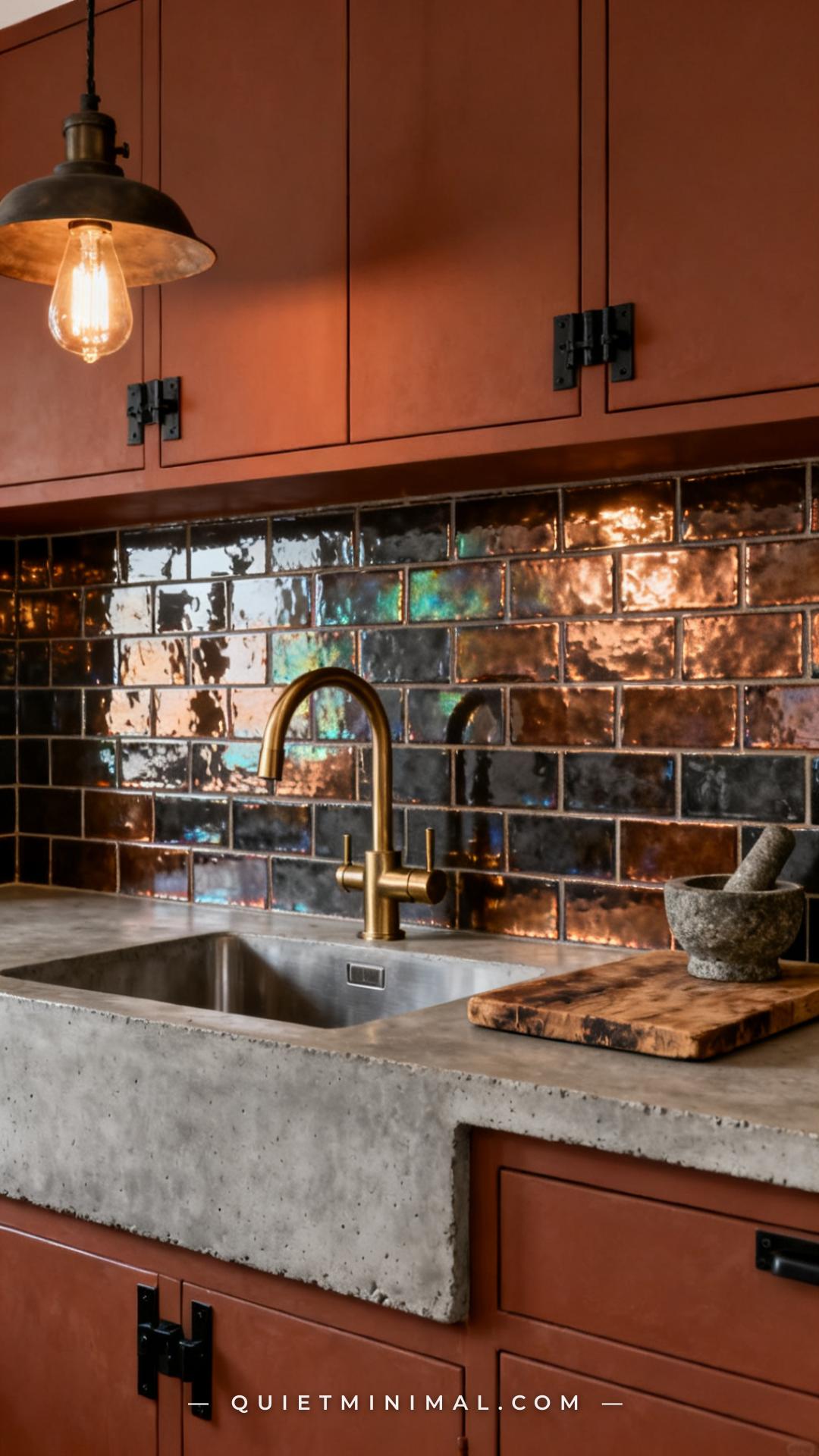 A medium-wide vertical photograph shows a kitchen backsplash in iridescent charcoal-to-bronze ceramic tile installed beh