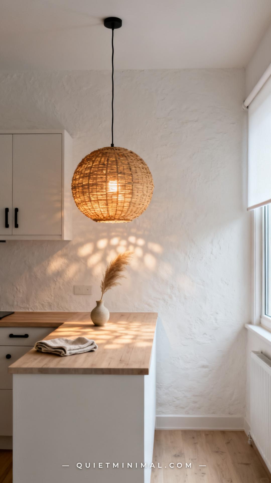 A vertical establishing shot of a compact modern kitchen showing a natural rattan globe pendant light hanging above a na