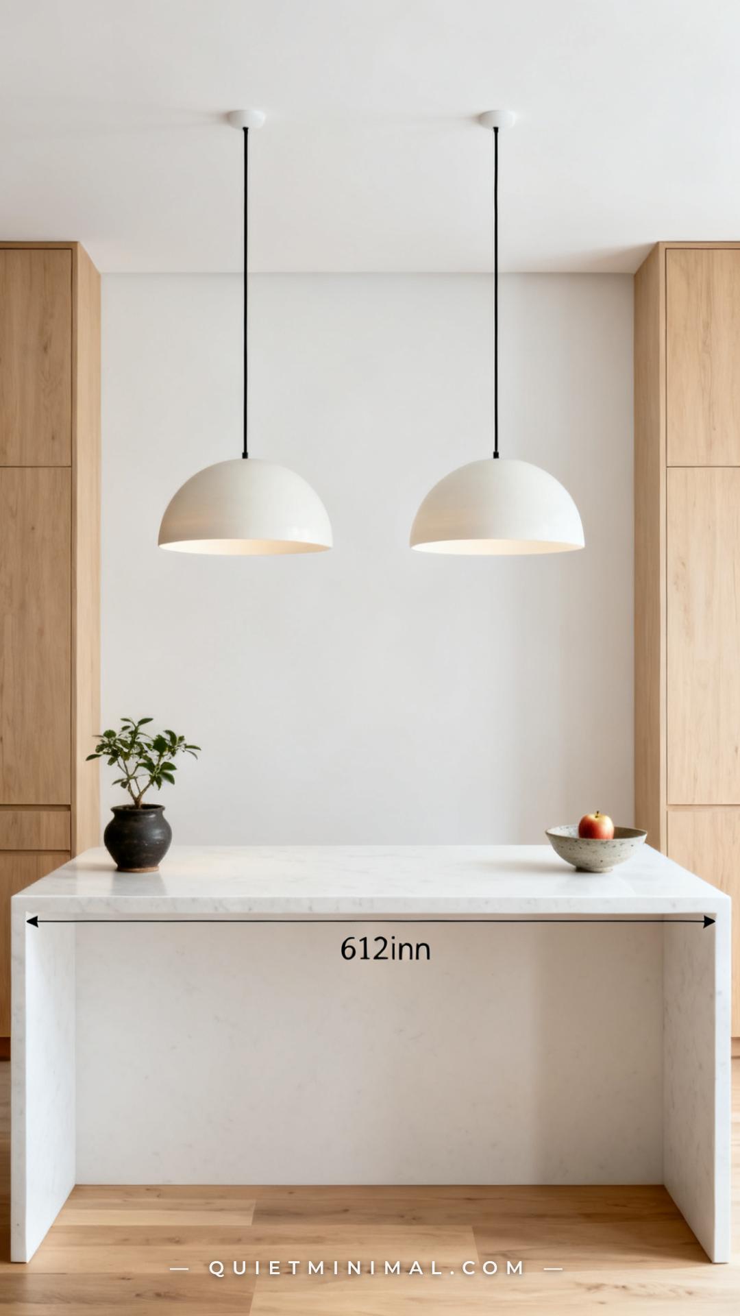 A wide vertical photograph of a carefully proportioned japandi kitchen showing a pair of ceramic pendant shades hanging