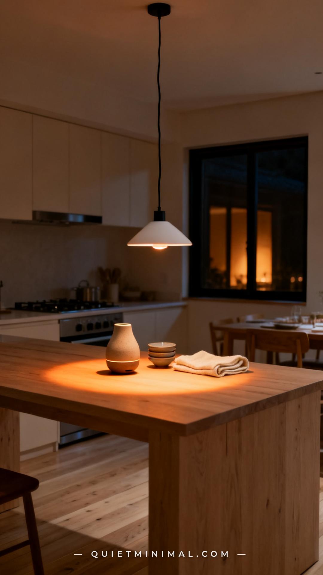 A medium-wide vertical photograph of a serene evening japandi kitchen scene