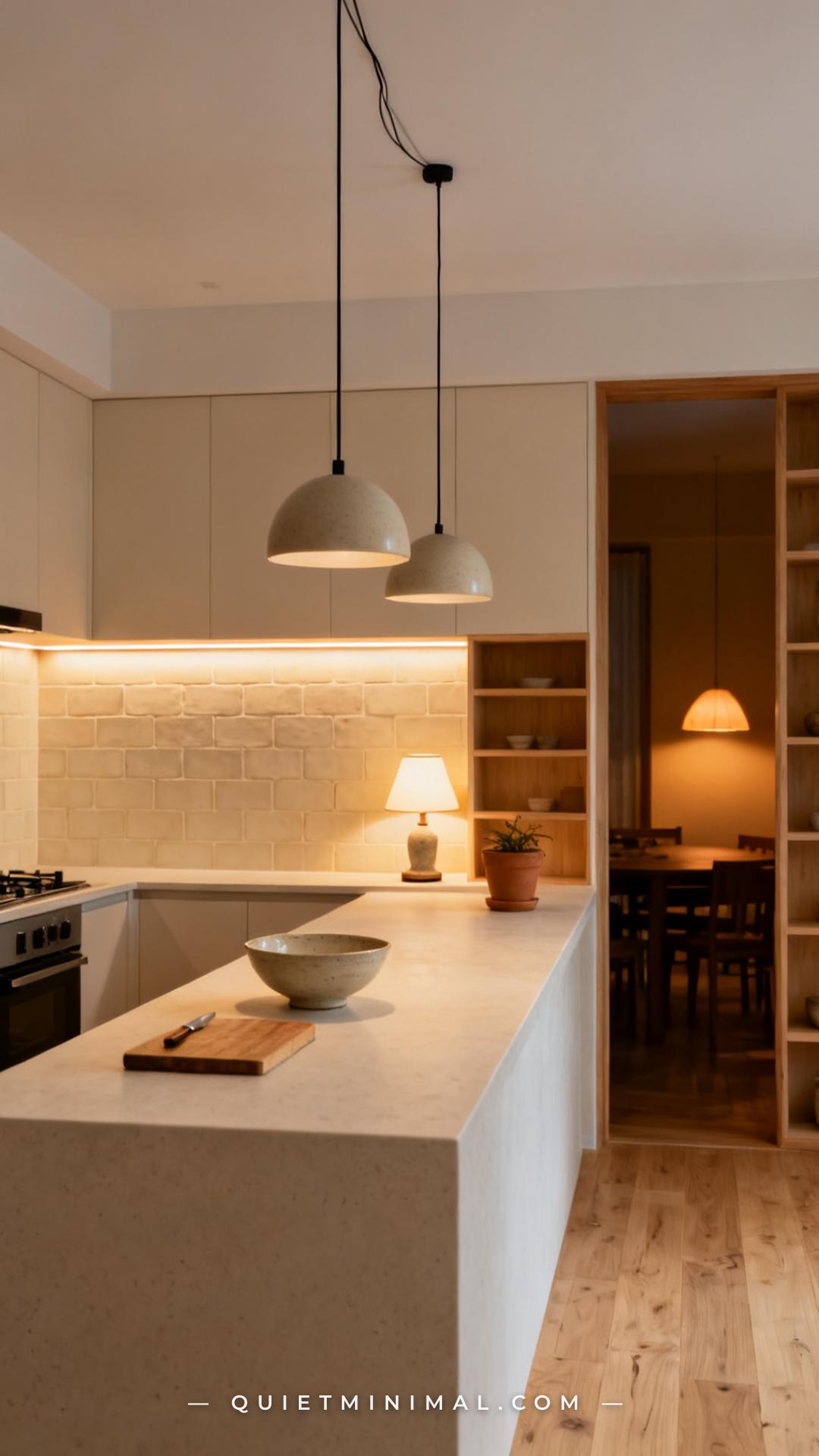 A wide establishing shot of a complete japandi kitchen showing a thoughtfully layered lighting scheme