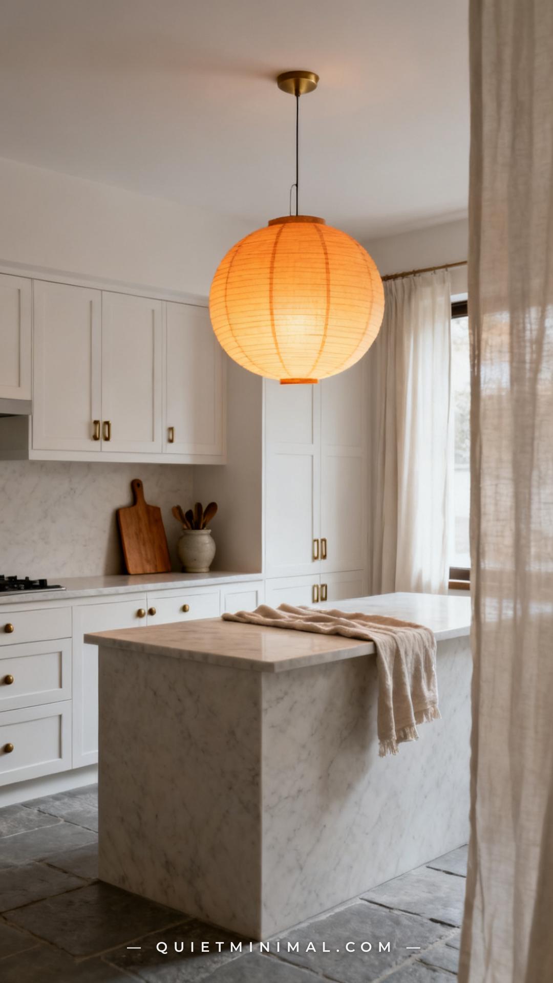 A medium-wide vertical photograph of a minimalist Japanese-Scandinavian kitchen with a large washi paper lantern pendant