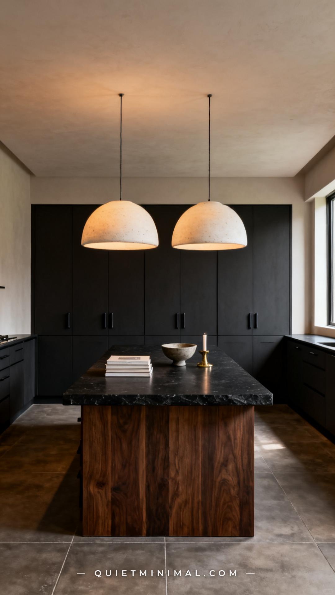 A wide establishing shot of a contemporary japandi kitchen featuring two ceramic dome pendant lights in a matte warm-whi