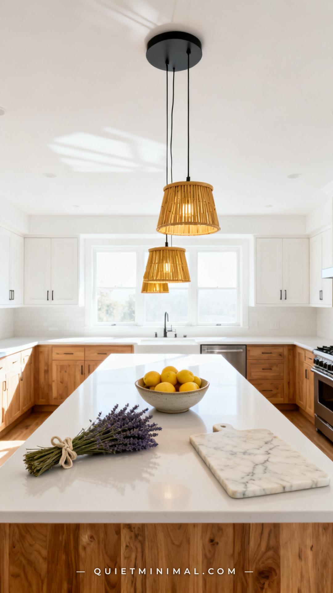 A vertical wide-angle photograph captures a bright open-plan kitchen with a large white island underneath a cluster of t