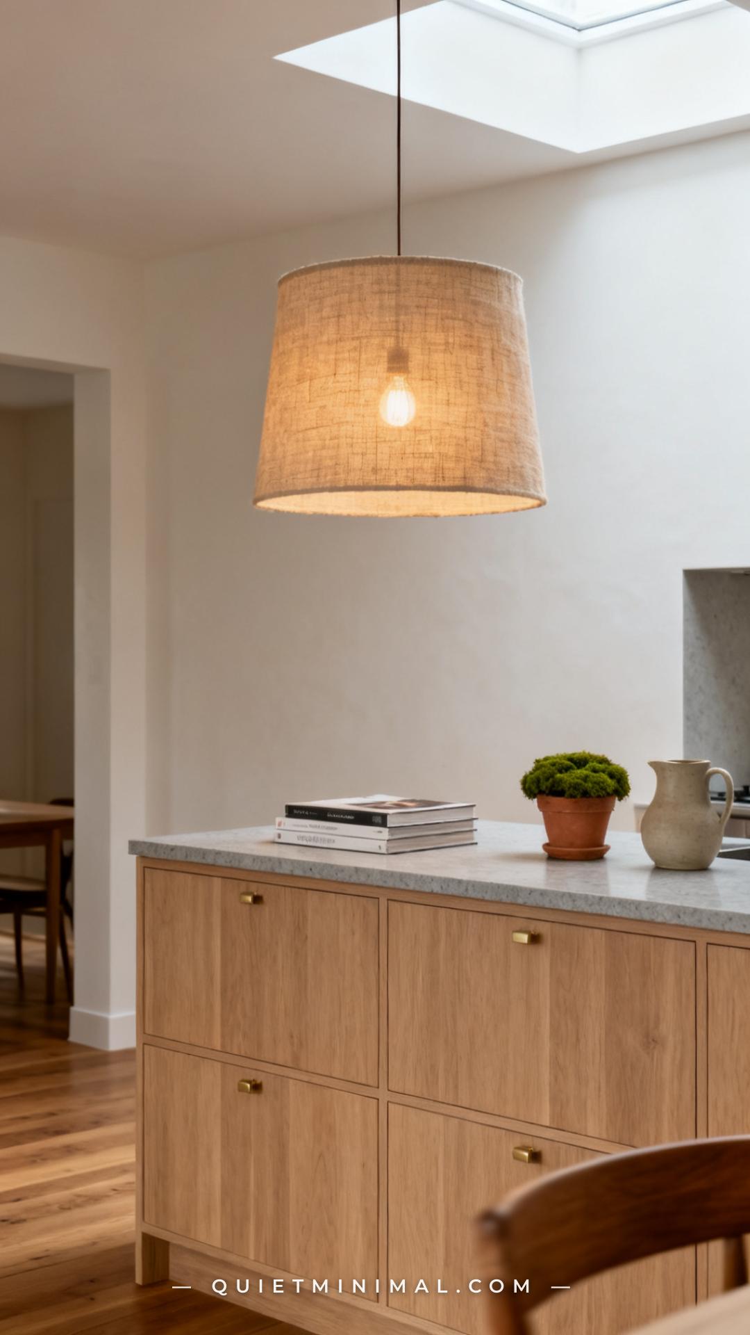 A medium-wide vertical photograph of a serene japandi kitchen showing a natural linen drum shade pendant hanging above a