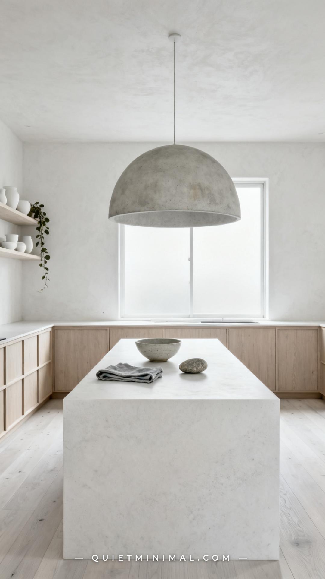 A wide establishing shot of a minimalist japandi kitchen with a single concrete dome pendant hanging above a long white