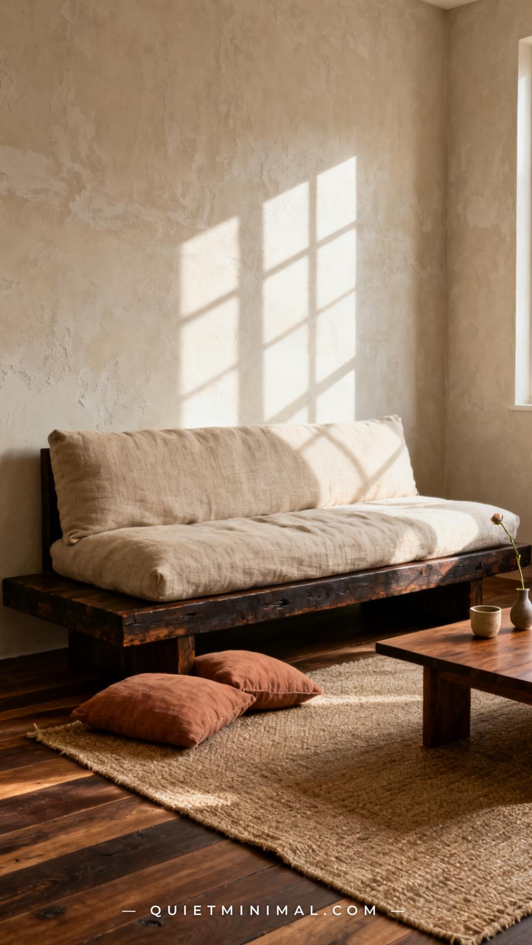 A wide-angle vertical photograph of a Japanese wabi-sabi living room focused on a dark aged-wood low platform sofa frame