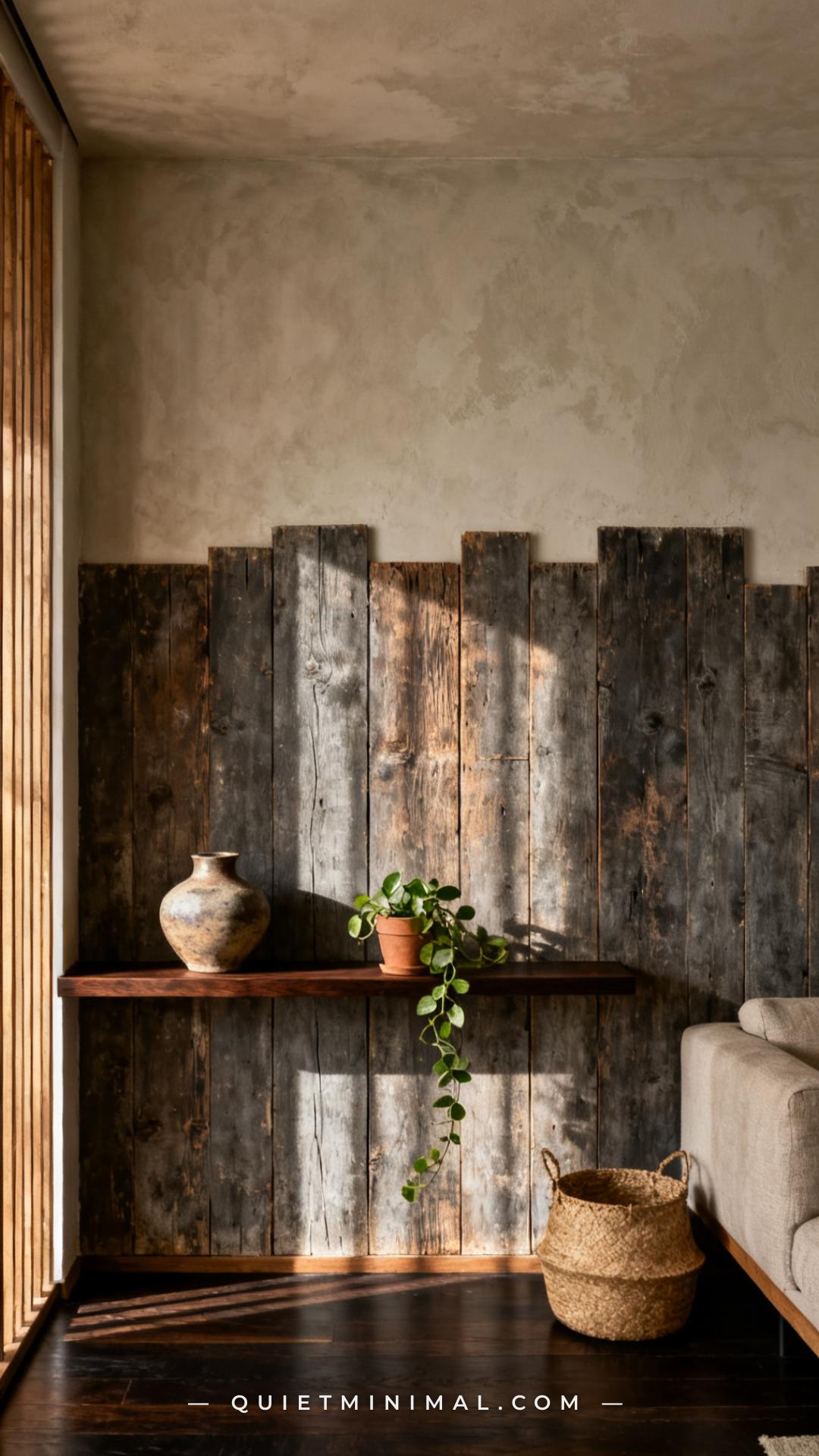 A vertical establishing photograph of a wabi-sabi living room side wall featuring a raw material treatment — a section o