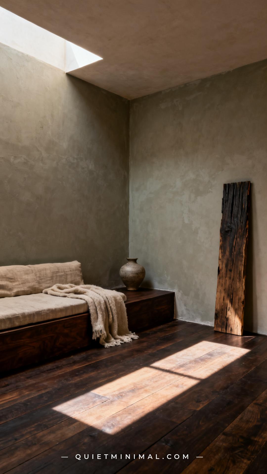A wide vertical photograph of a deliberately spare wabi-sabi living room vignette — a low dark walnut corner with visibl