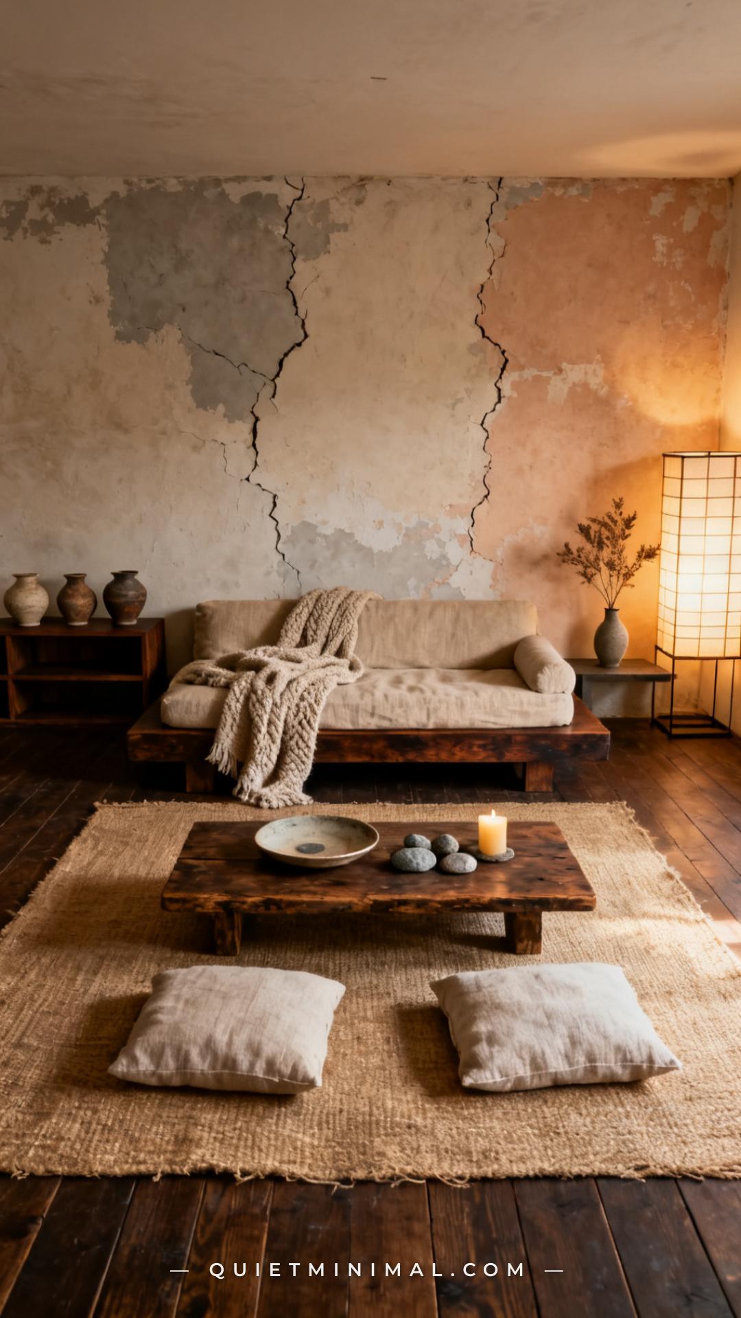 A vertical establishing photograph of a fully composed wabi-sabi living room at late afternoon