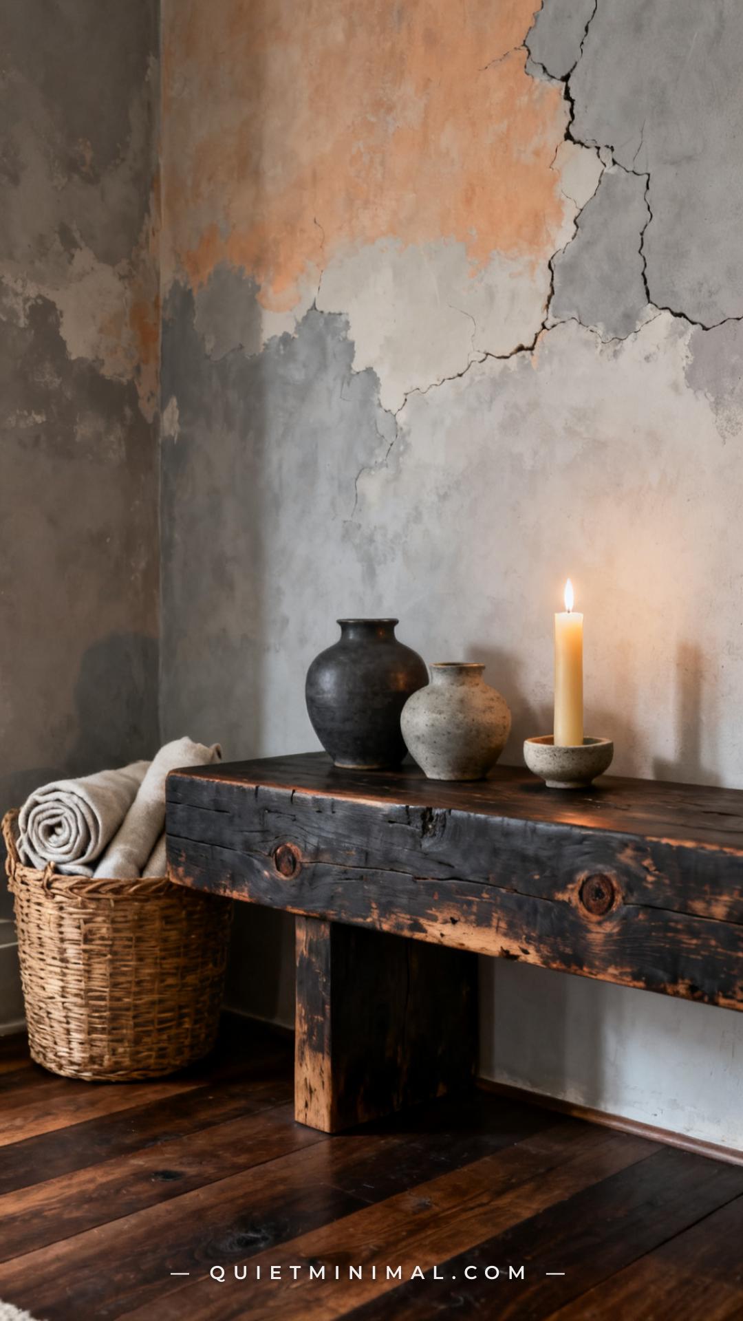 A medium-wide vertical photograph of a wabi-sabi living room corner anchored by a dark reclaimed wood low console table