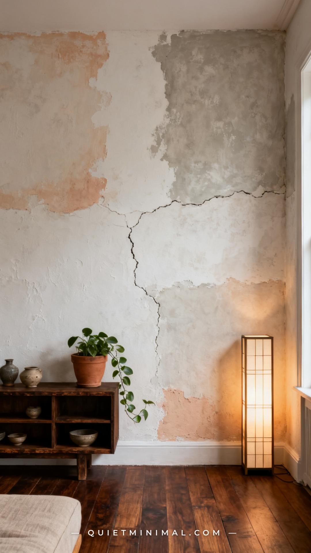 A vertical wide establishing shot of a wabi-sabi living room accent wall in warm greige limewash plaster