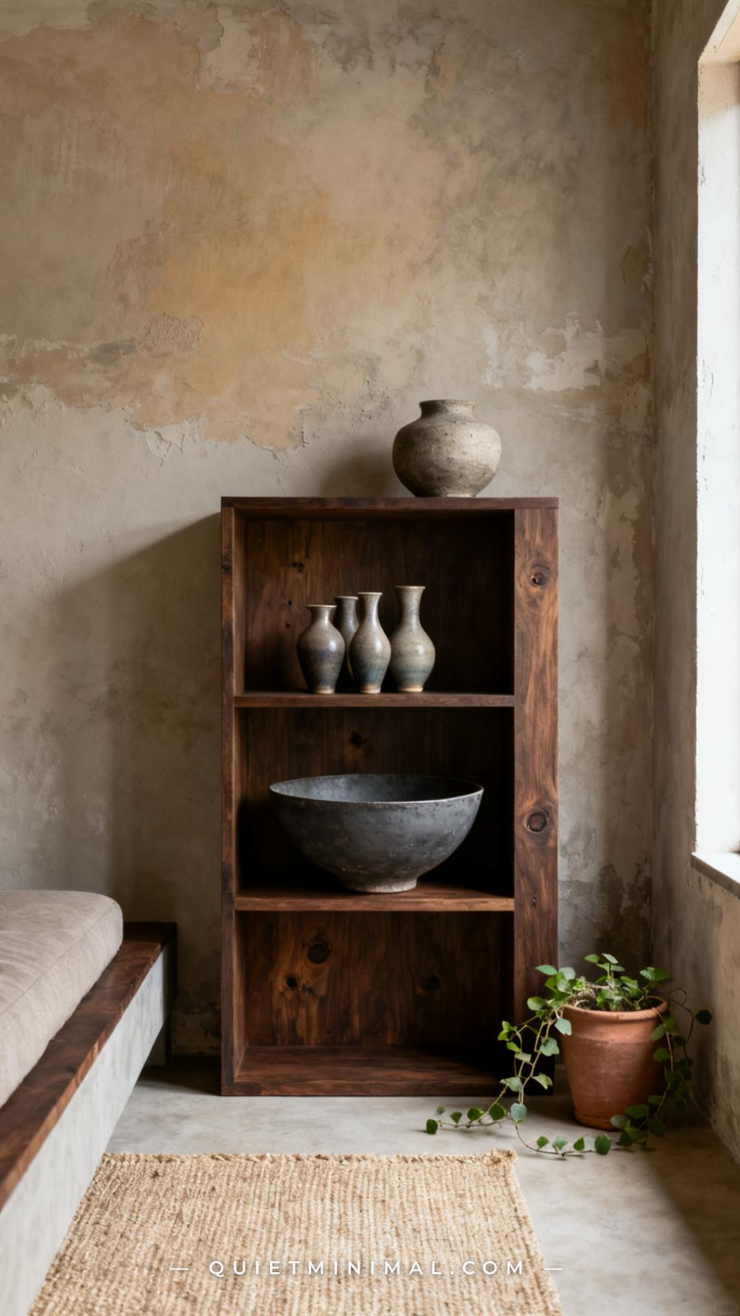 A wide-angle vertical photograph of a low dark walnut shelving unit against a wabi-sabi plaster wall
