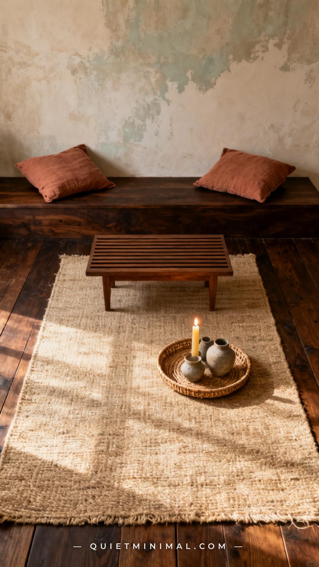 A vertical establishing shot of a full Japanese wabi-sabi living room floor plane