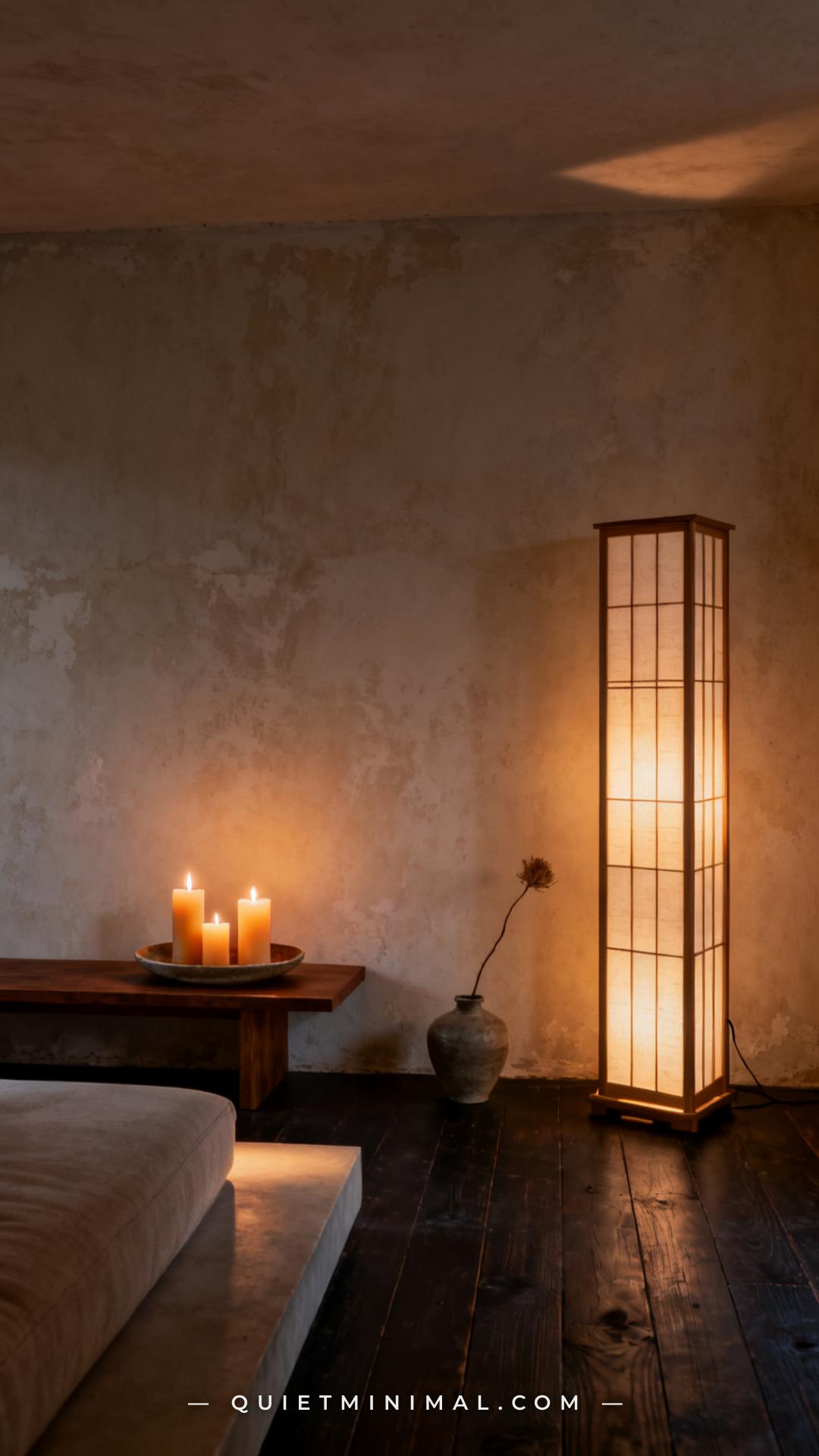 A vertical wide-angle photograph of a wabi-sabi living room corner at dusk