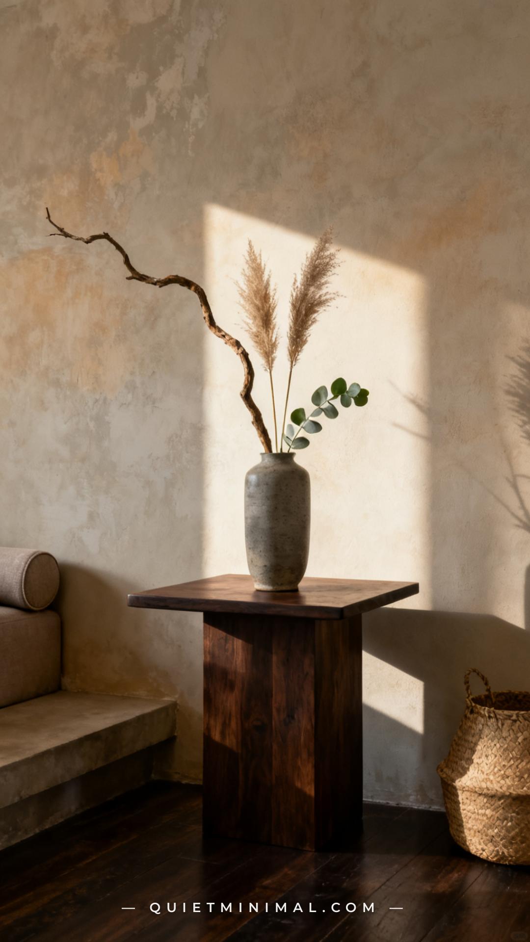 A vertical medium-wide photograph of a low dark walnut side table in a wabi-sabi living room