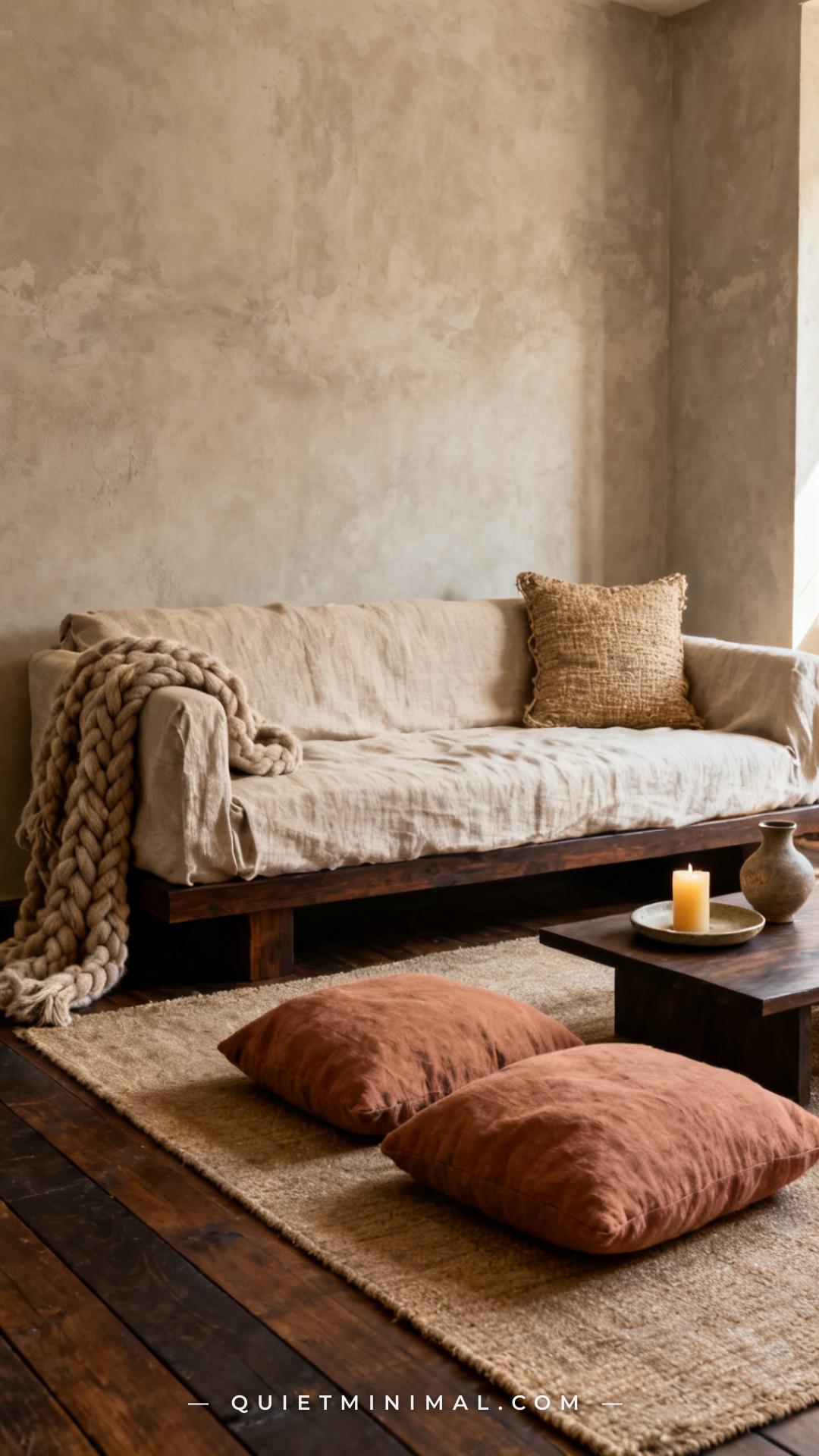 A vertical wide-angle photograph of the full seating area of a wabi-sabi living room focused on its textile layers