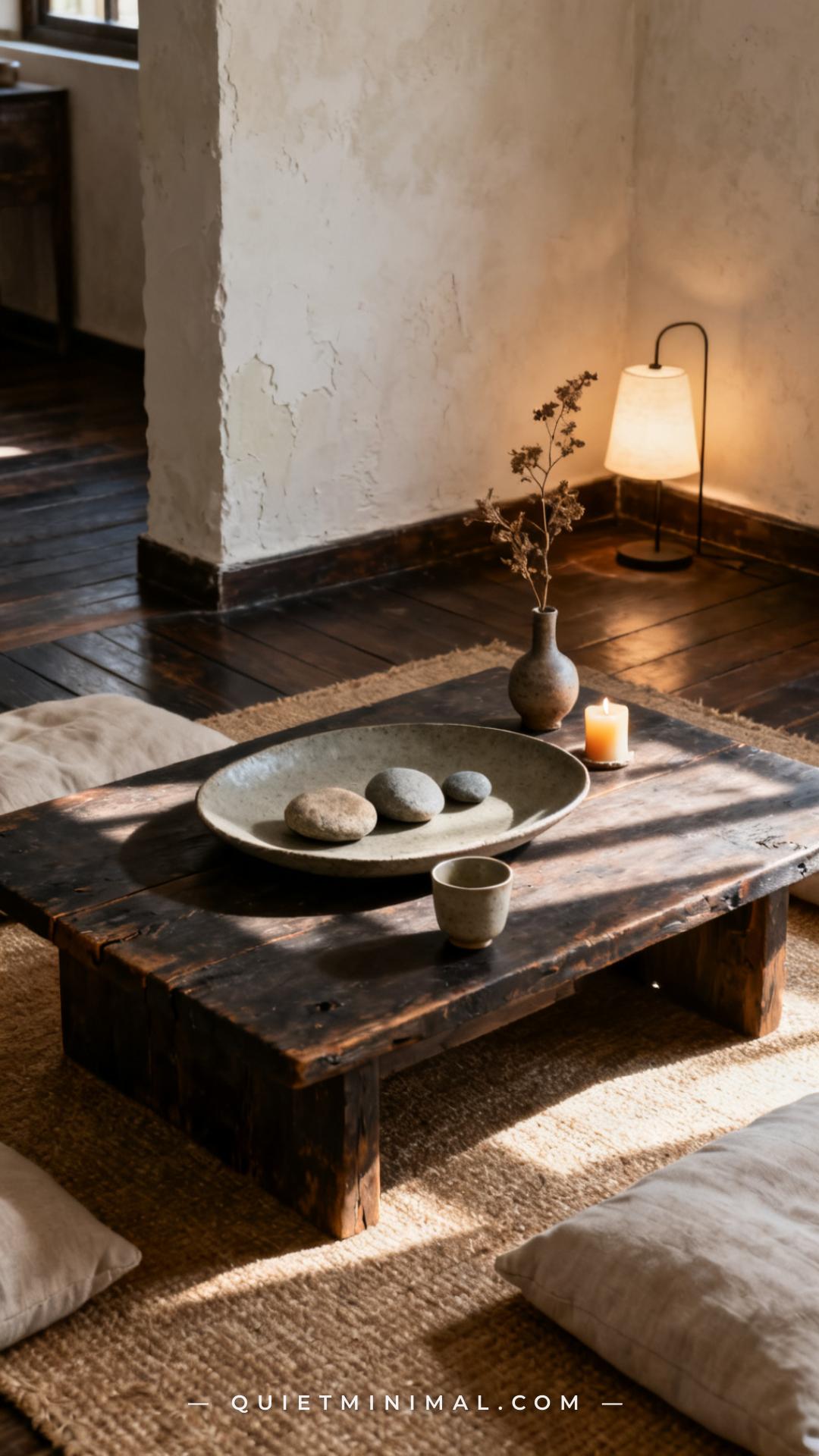 A vertical wide-angle photograph of a low dark reclaimed wood coffee table in the center of a wabi-sabi living room