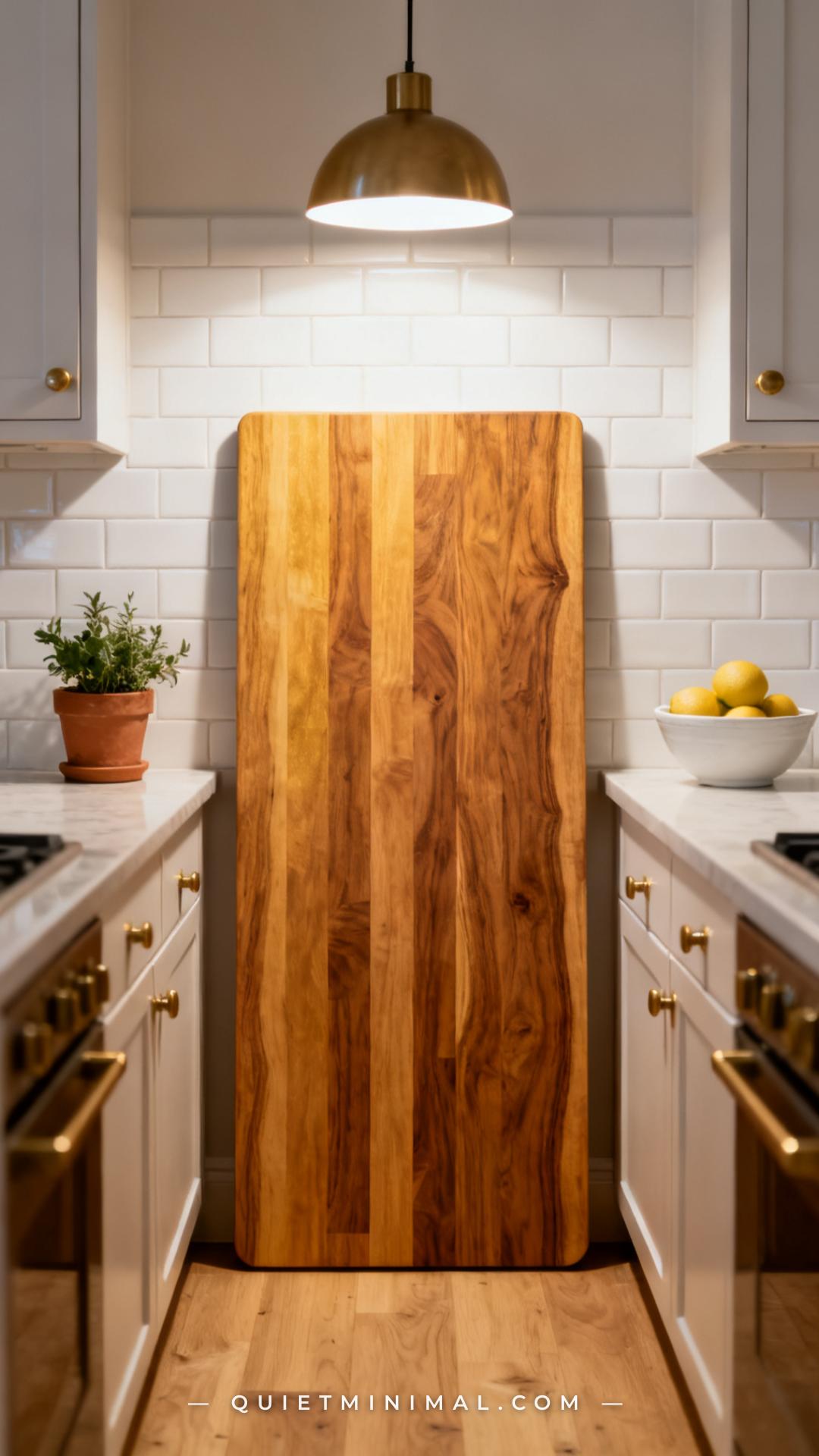 A medium-wide vertical photograph captures a kitchen countertop with a large end-grain acacia cutting board standing upr
