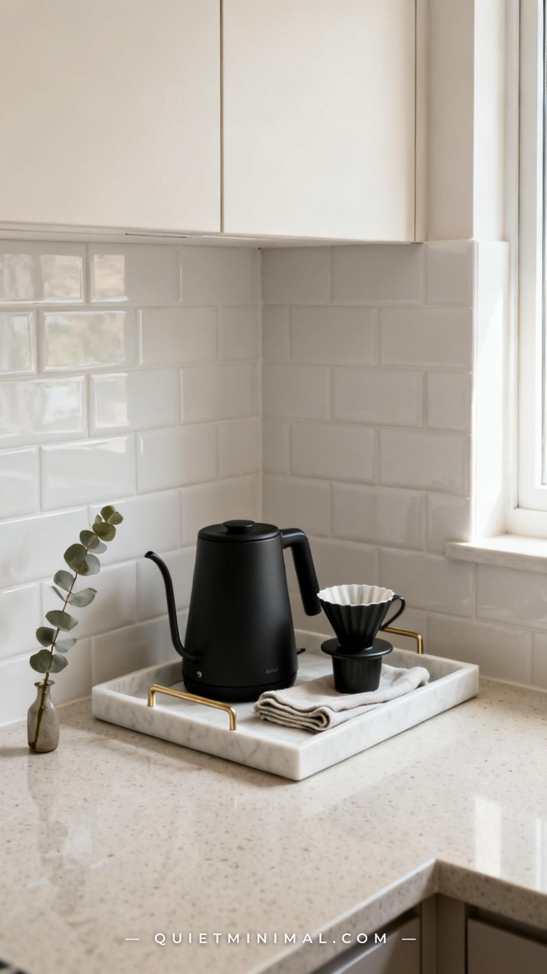 A vertical photograph establishes a wide view of a kitchen countertop corner where a rectangular white marble tray with