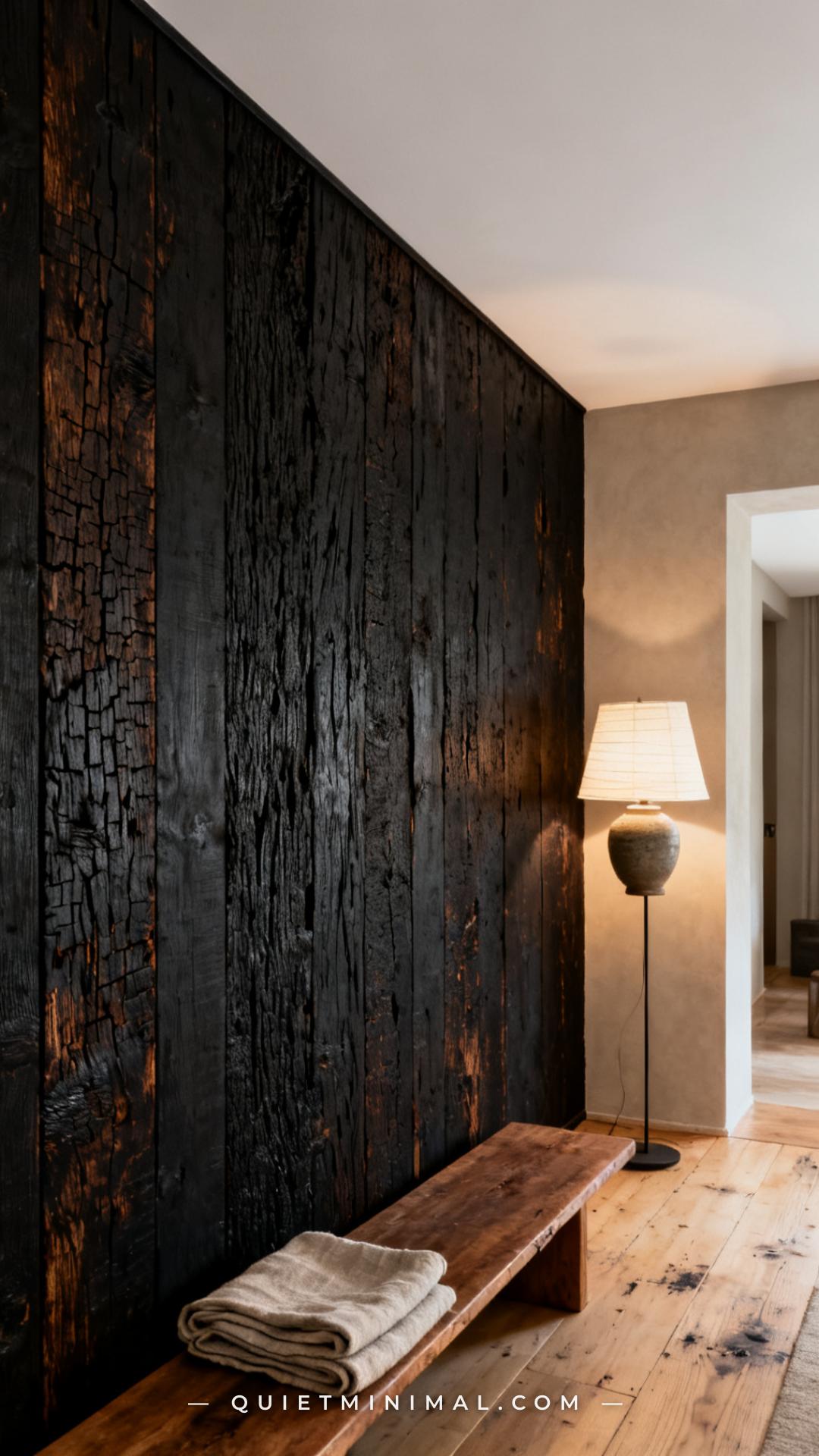 A vertical establishing shot of a living room accent wall clad entirely in shou sugi ban charred timber panels