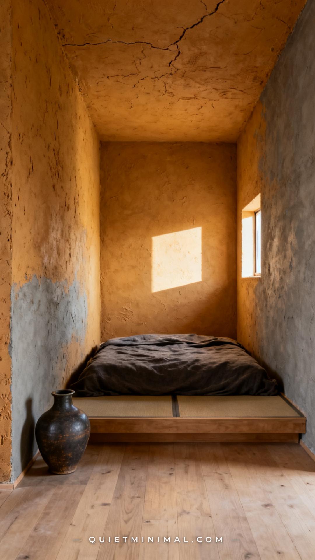 A wide establishing shot of a bedroom corner showing two full walls finished in warm ochre-grey clay plaster