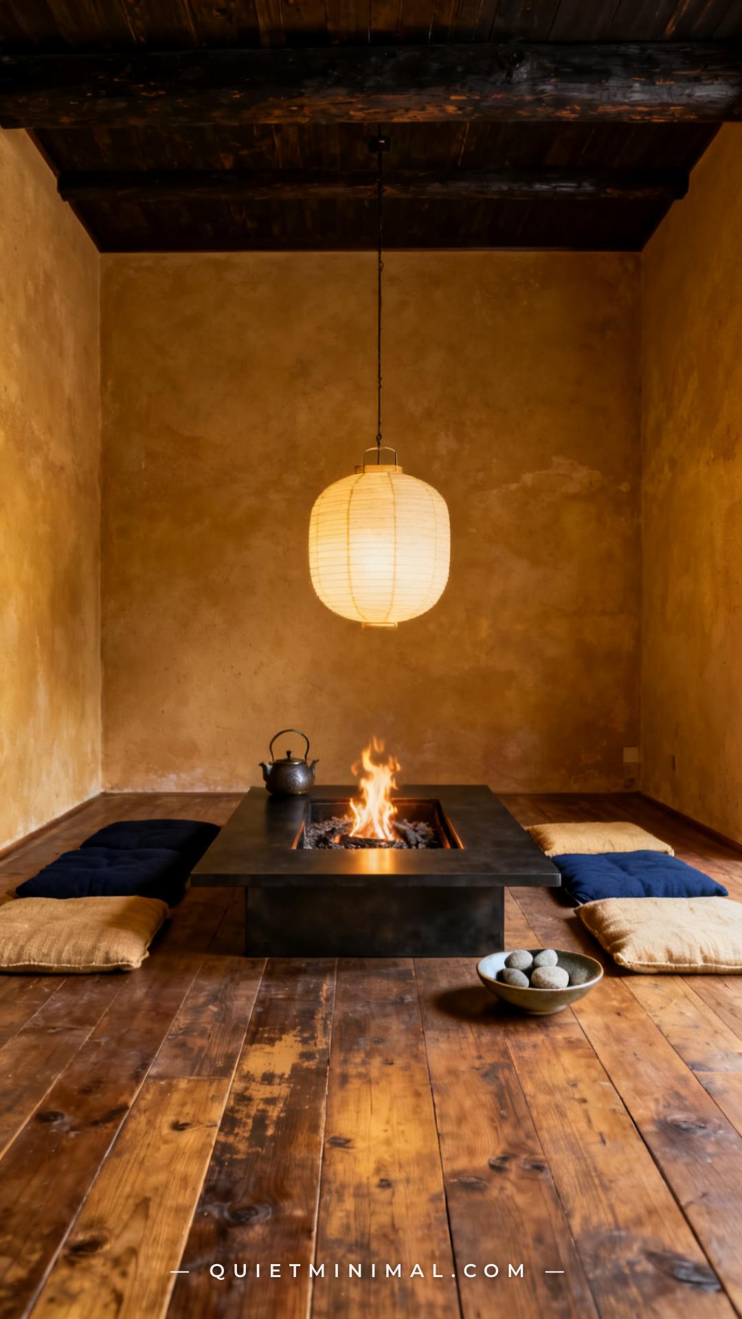 A wide-angle vertical photograph captures a low-profile Japanese-style fire table positioned at the center of a sitting