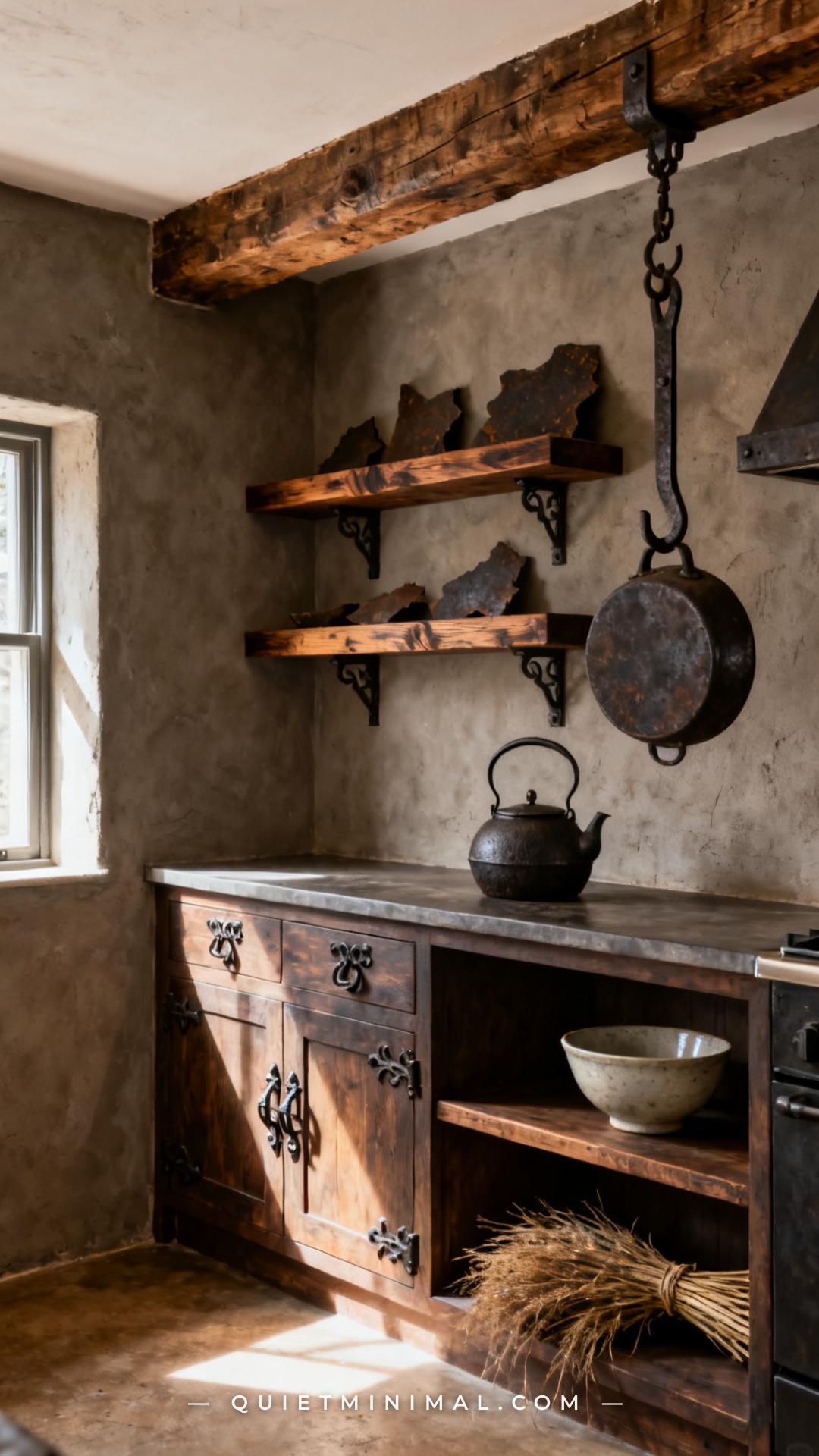A medium-wide establishing shot of a kitchen interior with open shelving
