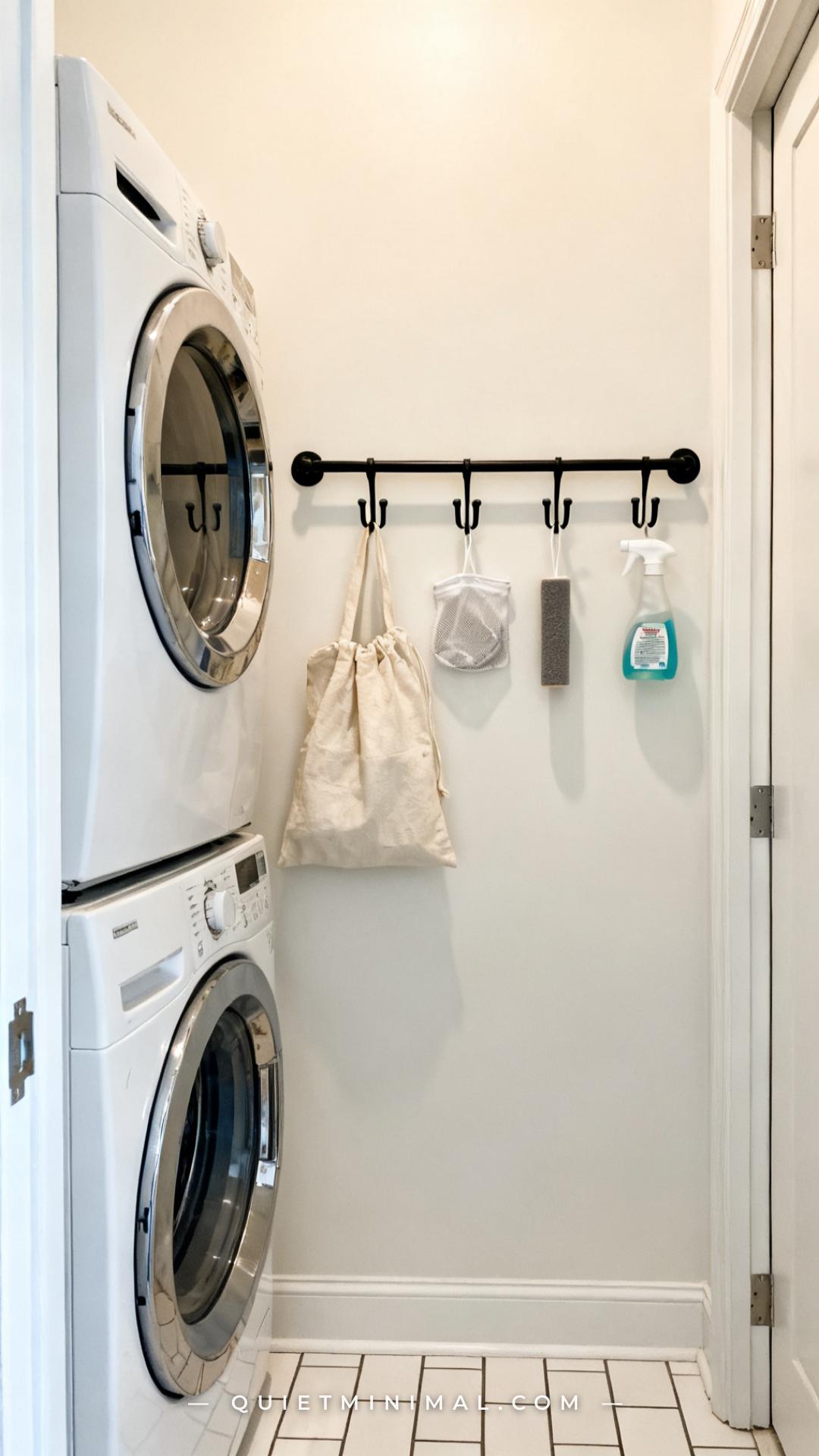 A vertical photograph captures a medium-wide view of the right interior side wall of a laundry closet