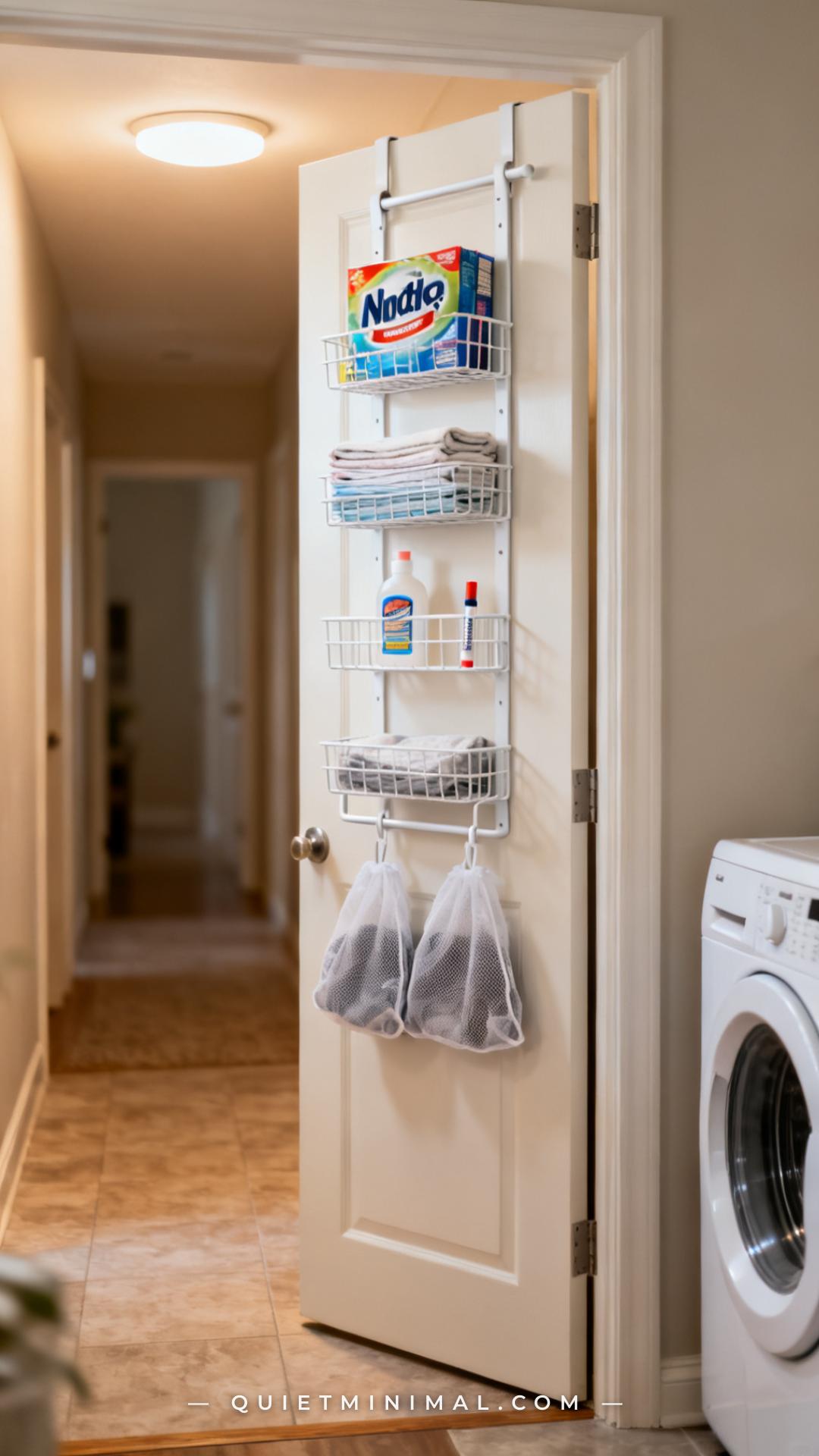 A vertical photograph captures a wide angle of a laundry closet bifold door in the open position