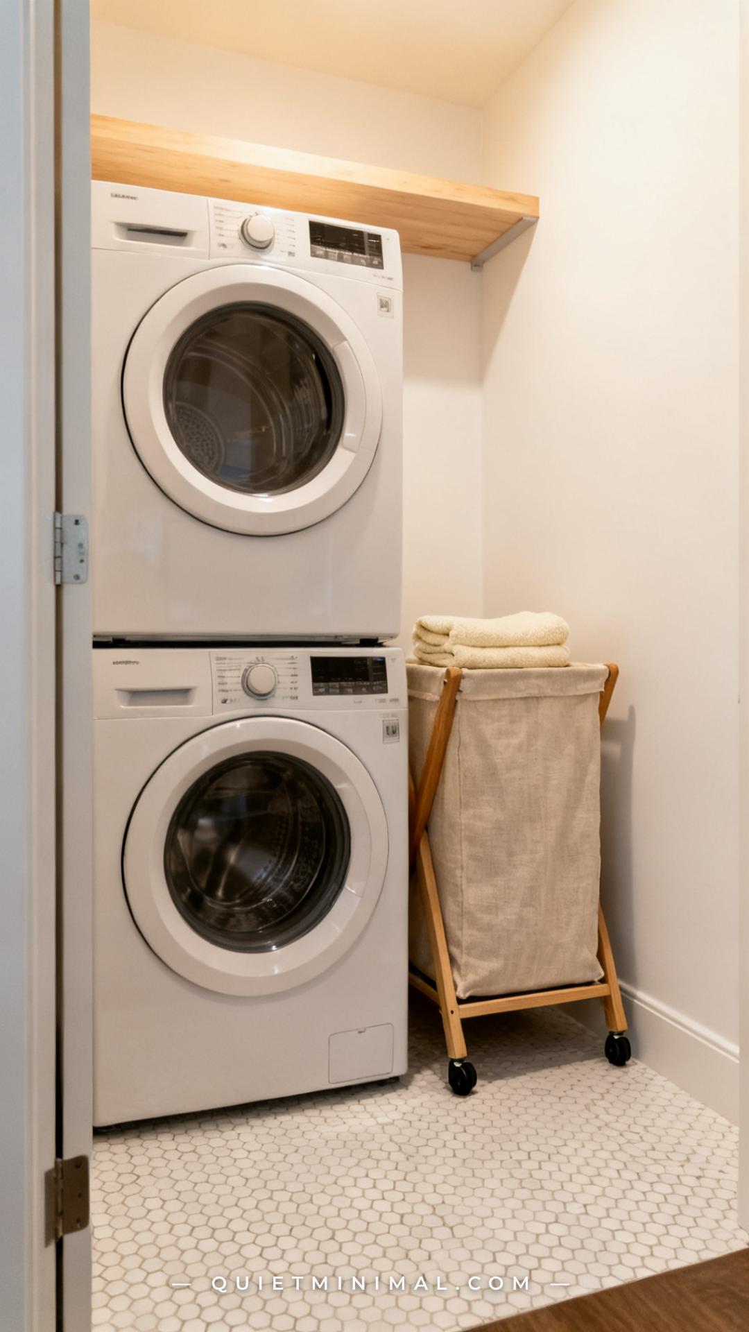 A vertical photograph captures a medium-wide view of the interior floor space in a laundry closet