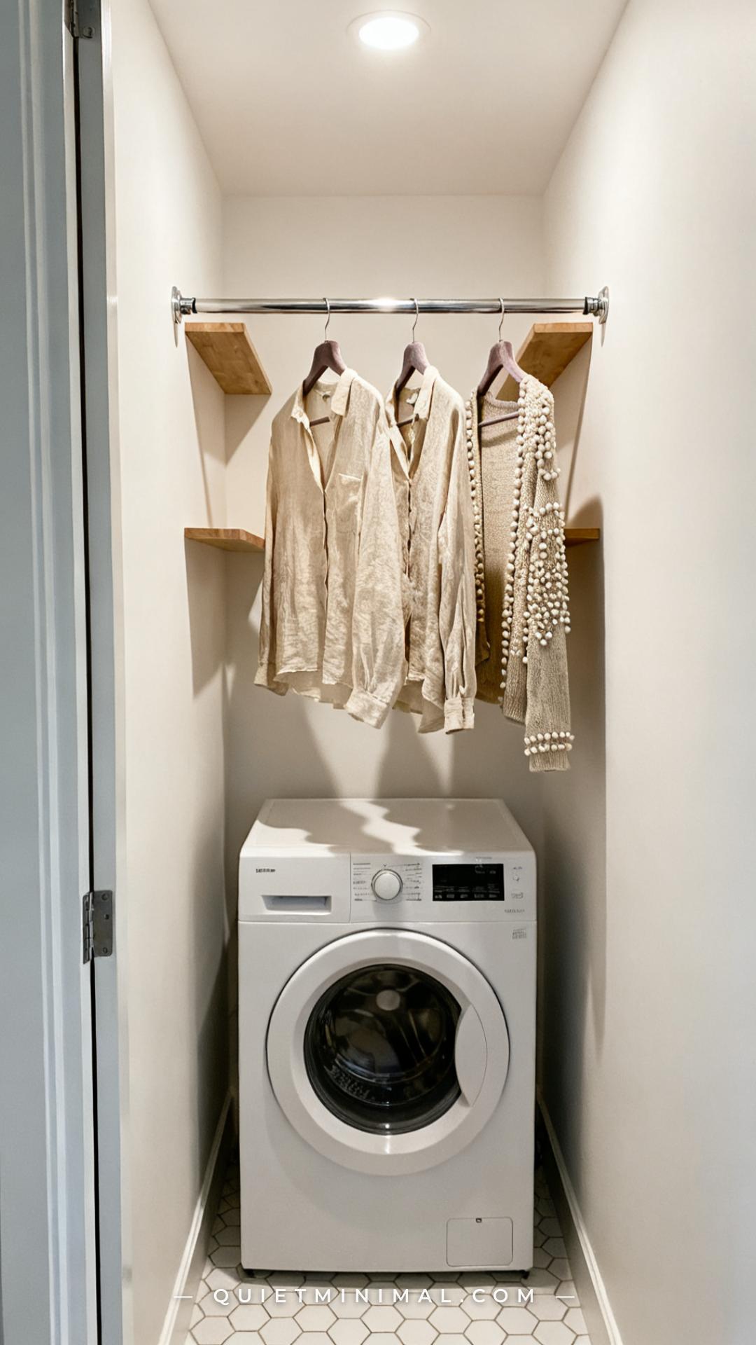 A vertical photograph captures a wide interior view of a laundry closet showing a chrome tension rod mounted horizontall