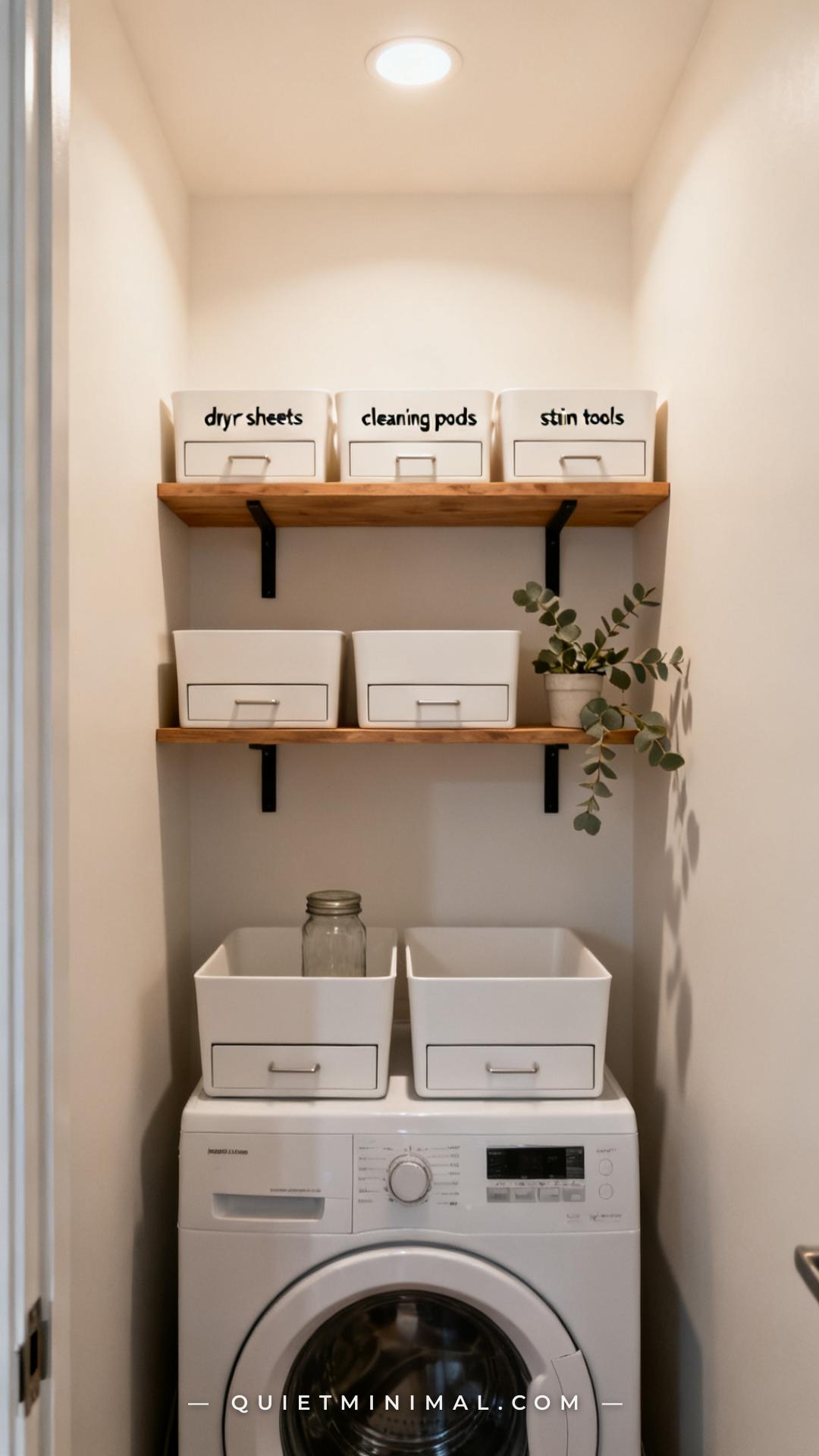 A vertical photograph captures a medium-wide view of two floating oak shelves above a white stackable washer-dryer unit