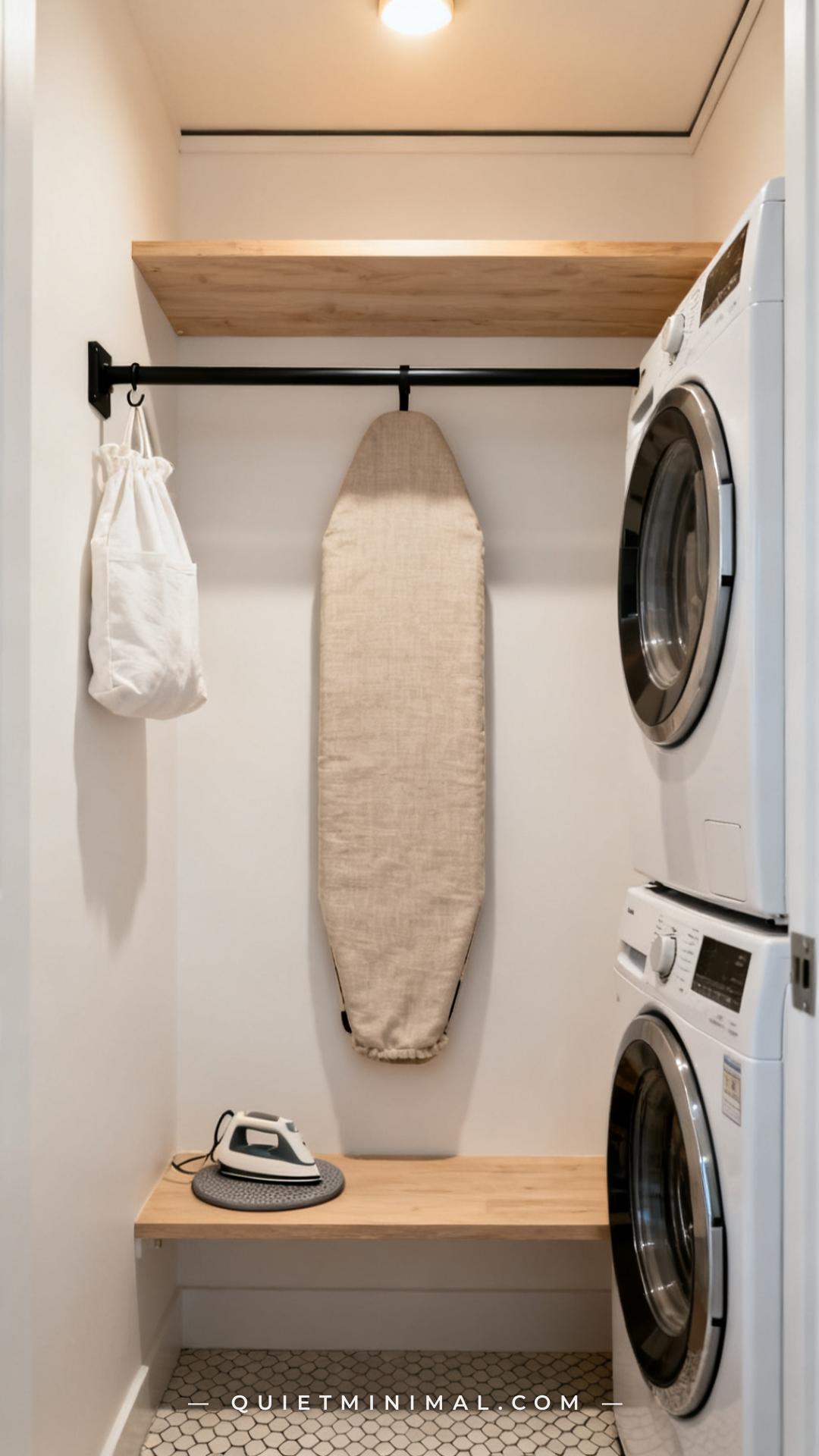A vertical photograph captures a wide-angle view of the left interior side wall of a laundry closet showing a slim wall-