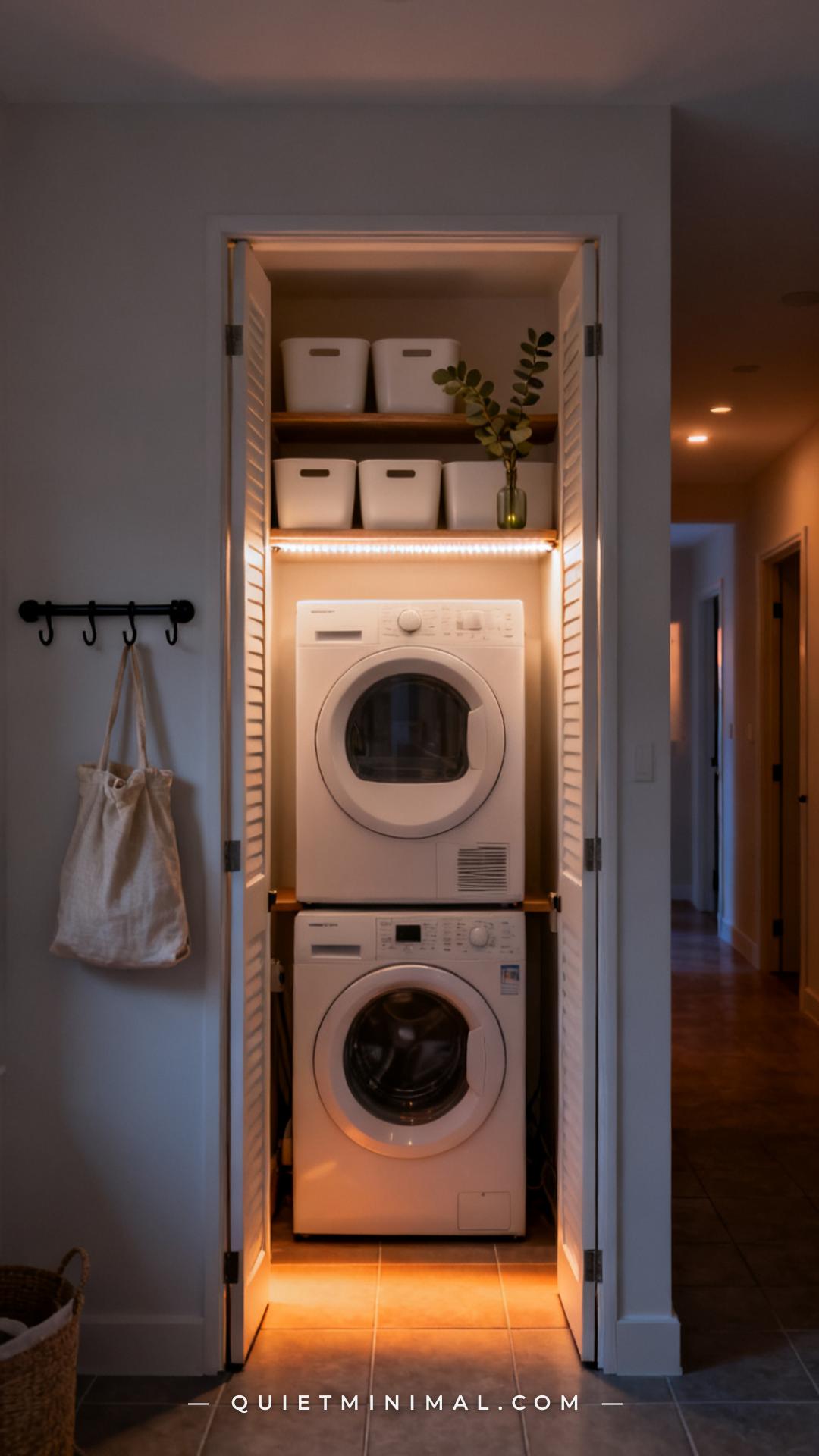 A vertical photograph captures a wide establishing shot of a laundry closet interior at dusk with the hallway lights dim