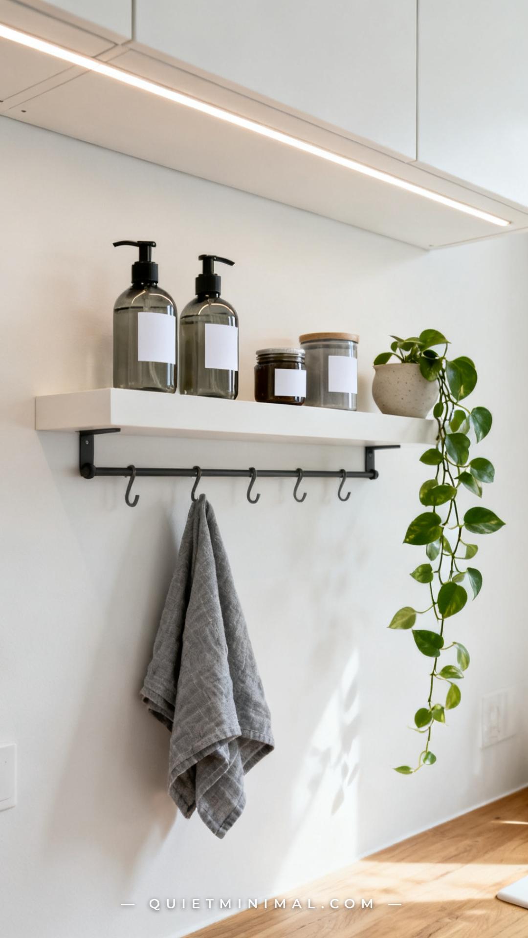 A vertical wide-angle photograph of a laundry room shelf showing a collection of glass containers — two pump dispensers